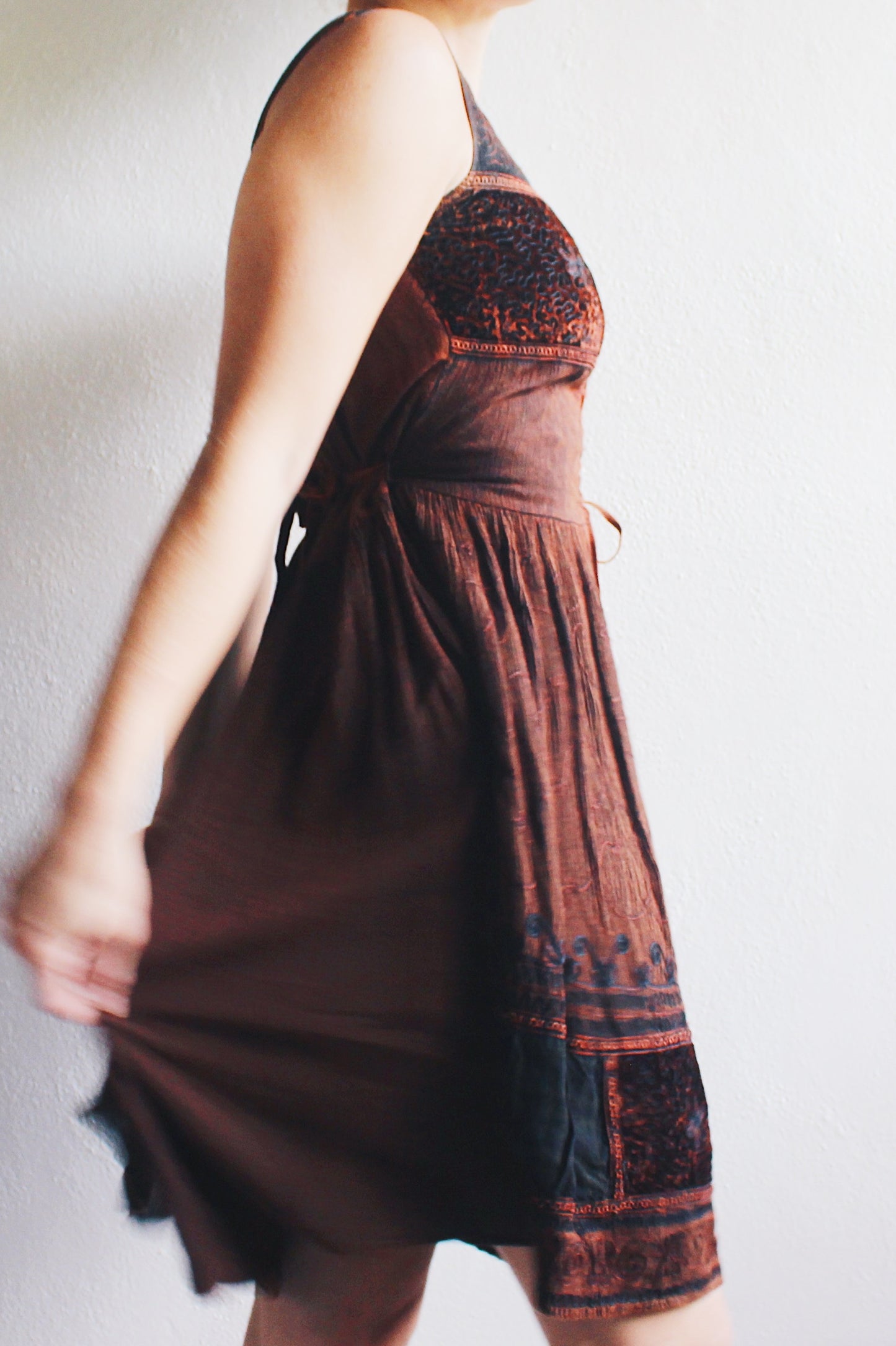 90s Vintage Brown Embroidered Dress with Whimsigoth fairy Vibes