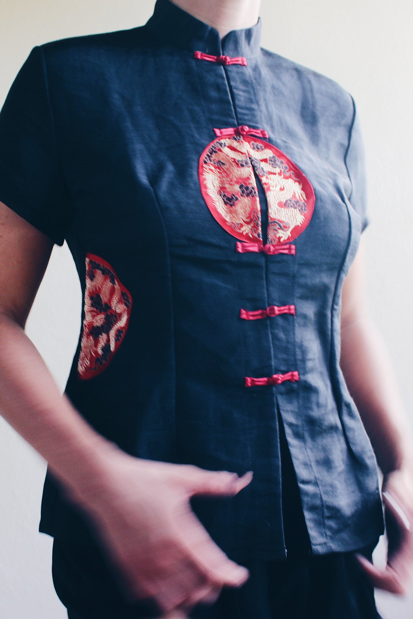 Black Chinese tunic / black red gold dragon shirt / linen silk cheongsam / 90s vintage top