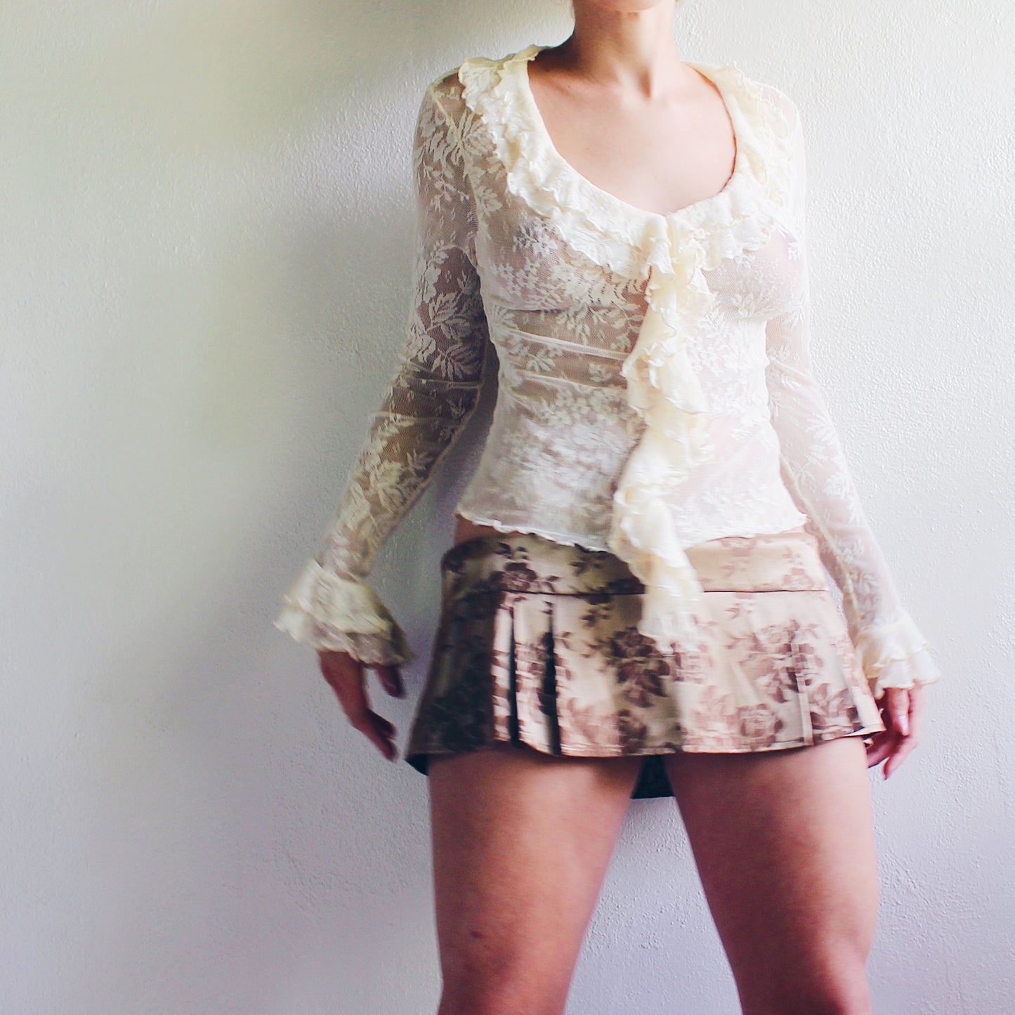Bronzed Gold High Waisted Floral Drop Waist Mini Skirt - Coquette Baroque Style