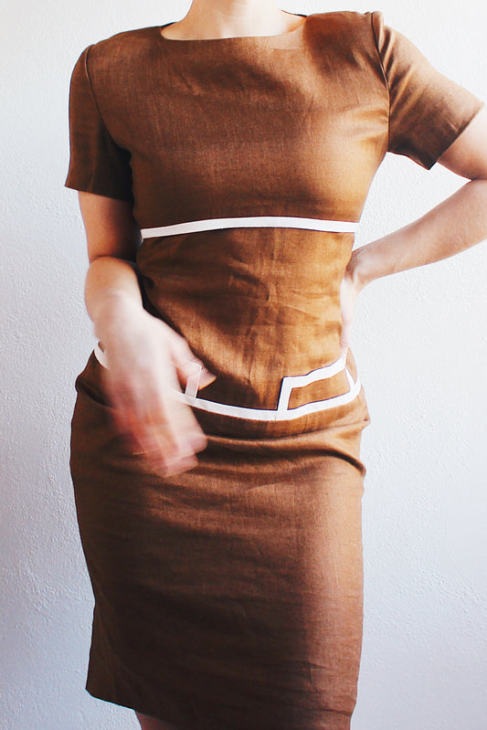 Vintage 90s Brown Linen High Neck Dress: Yasmeen Ghauri Vibes with a Corporate Chic Twist
