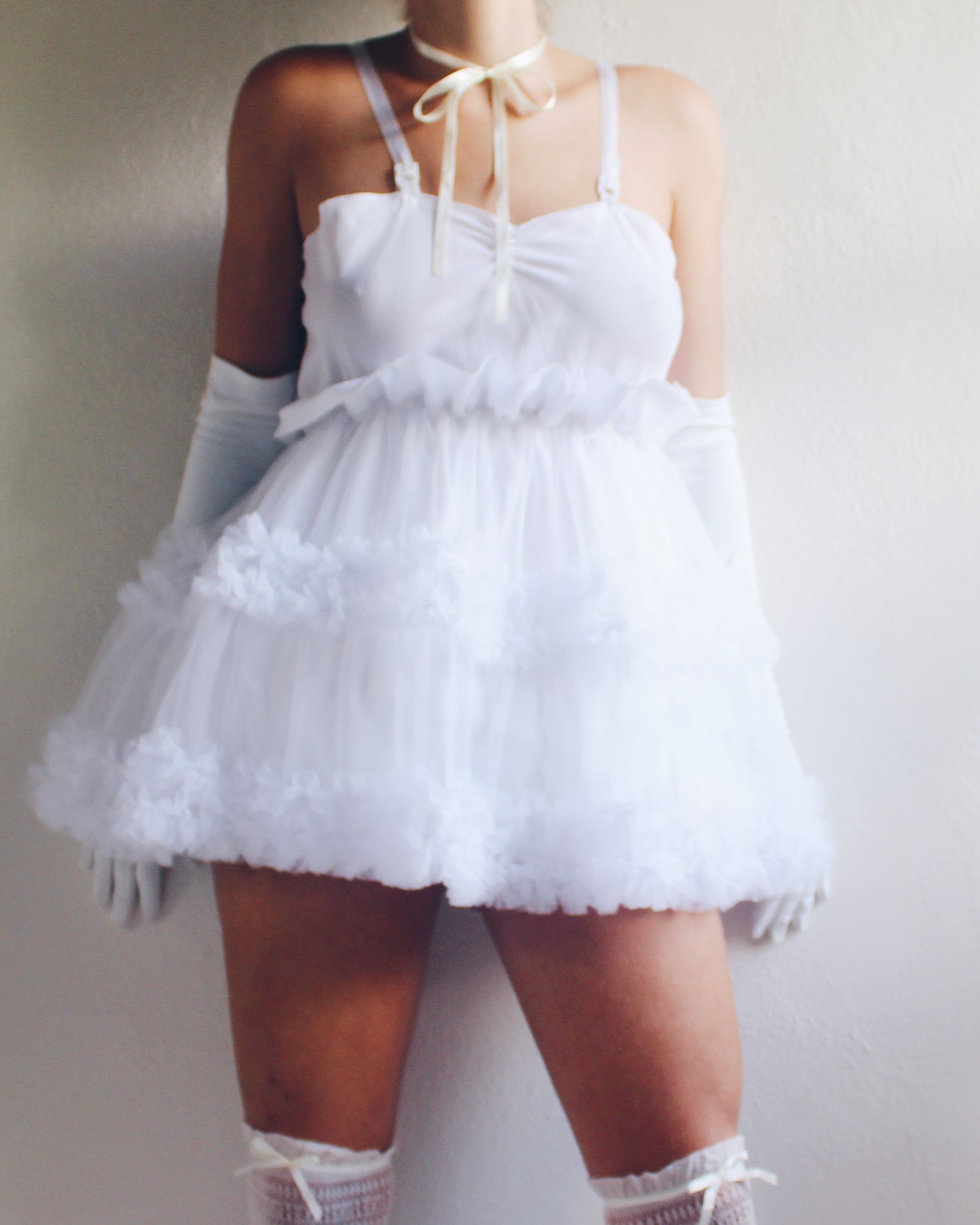 Upcycled White Ruffled Babydoll Dress - Lolita Harajuku Coquette Style | Made from Vintage Slip & Petticoat | Selkie Inspired Design