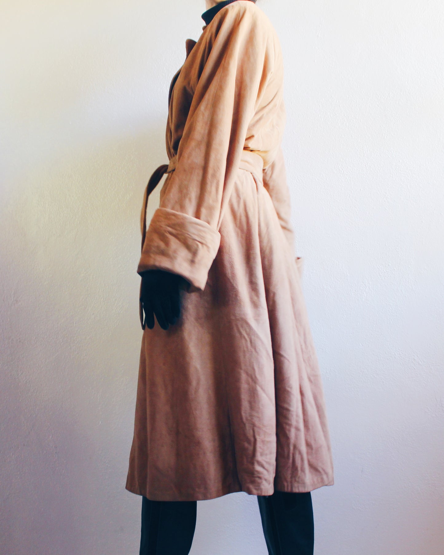 Vintage 70s Brown Suede Trench Coat with Belt – Retro Chic Long Leather Jacket