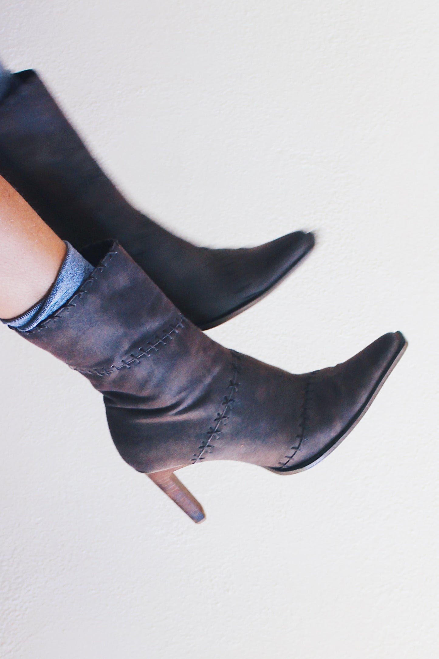 Y2K Grunge Patchwork Boot Heels - Step into a Time Machine of Style - Dark khaki patchwork pointed toe boots