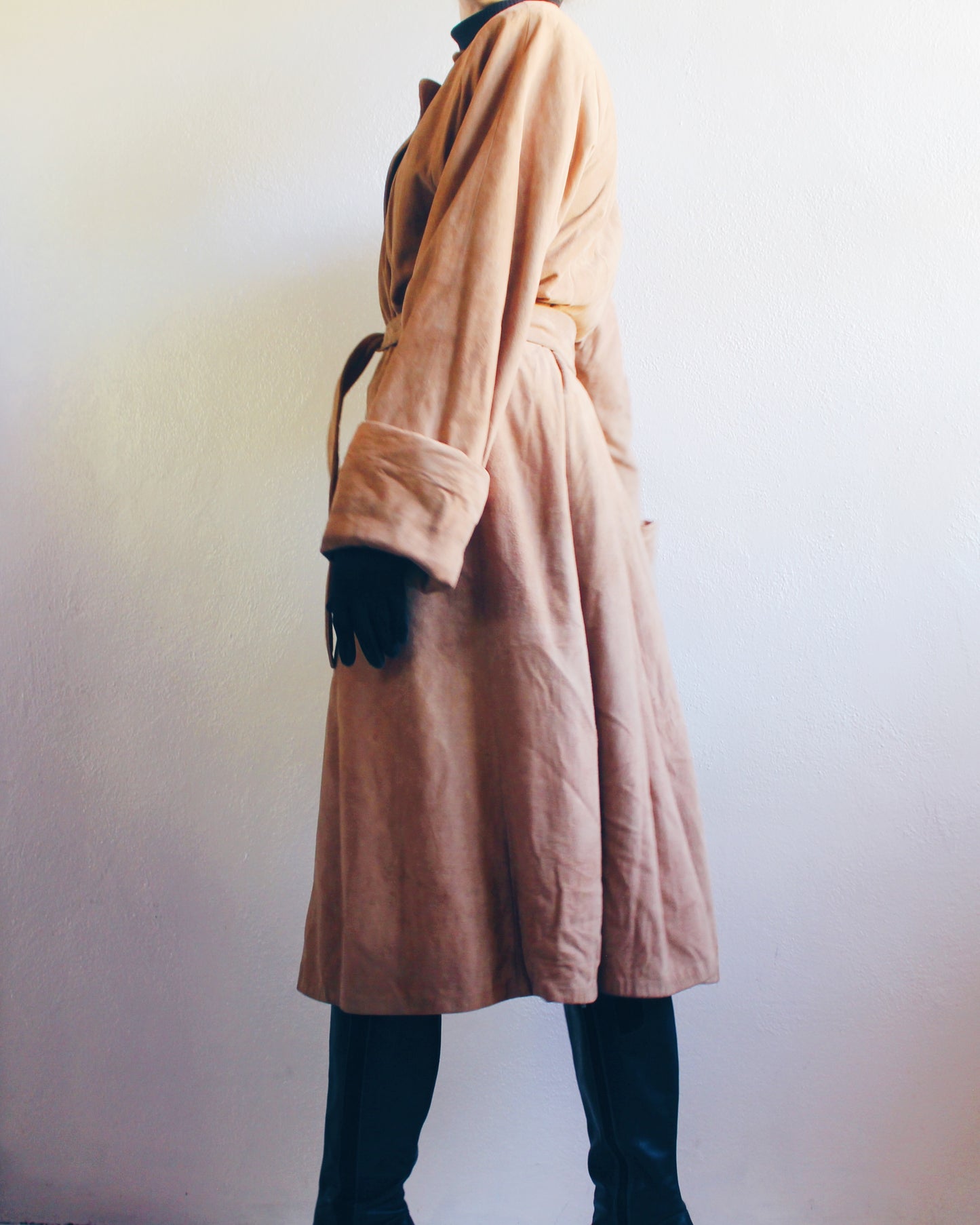 Vintage 70s Brown Suede Trench Coat with Belt – Retro Chic Long Leather Jacket