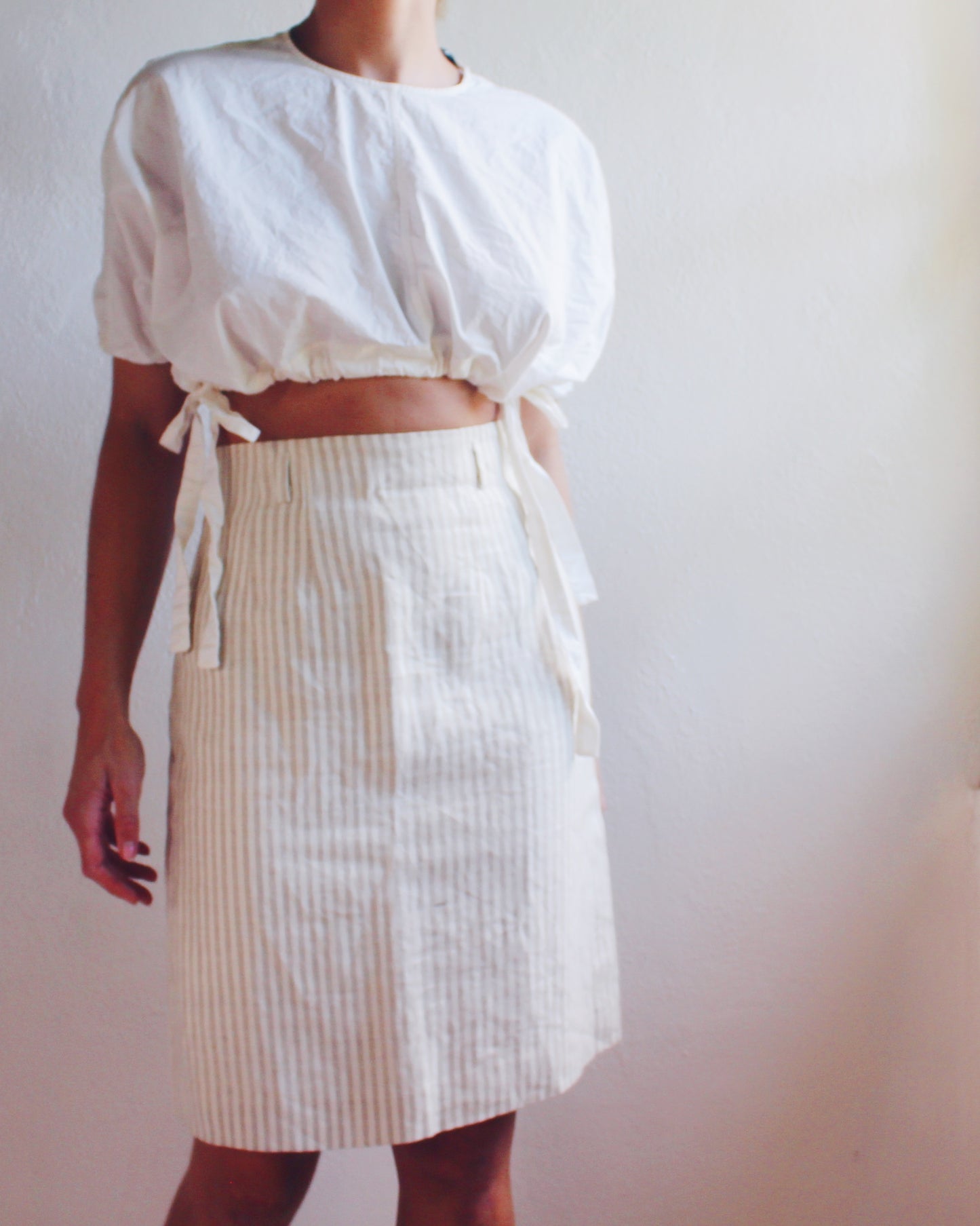 Beige Striped Linen Midi Skirt - Minimalist Pinstripe 90s Style | Perfect Summer and fall Skirt