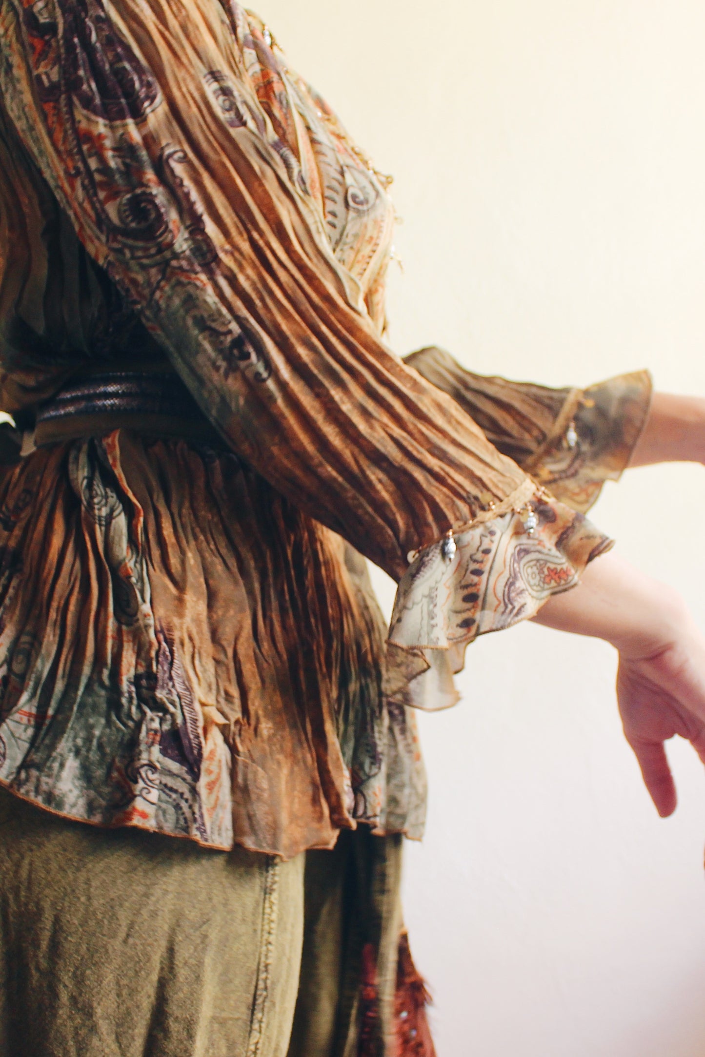 Whimsygoth Green Brown Blouse / Vintage 90s Textured Beaded top / Ruffle sleeve Paisley Artsy Witch Shirt