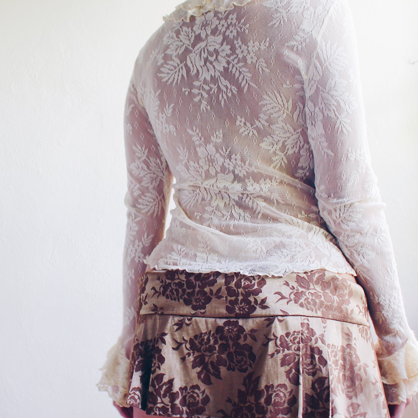 Bronzed Gold High Waisted Floral Drop Waist Mini Skirt - Coquette Baroque Style