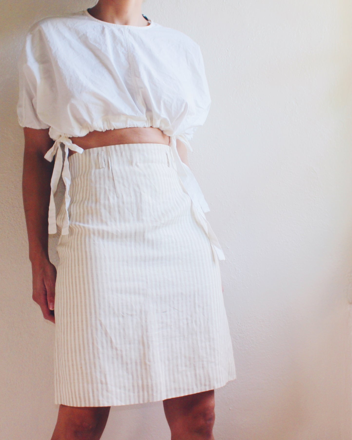 Beige Striped Linen Midi Skirt - Minimalist Pinstripe 90s Style | Perfect Summer and fall Skirt