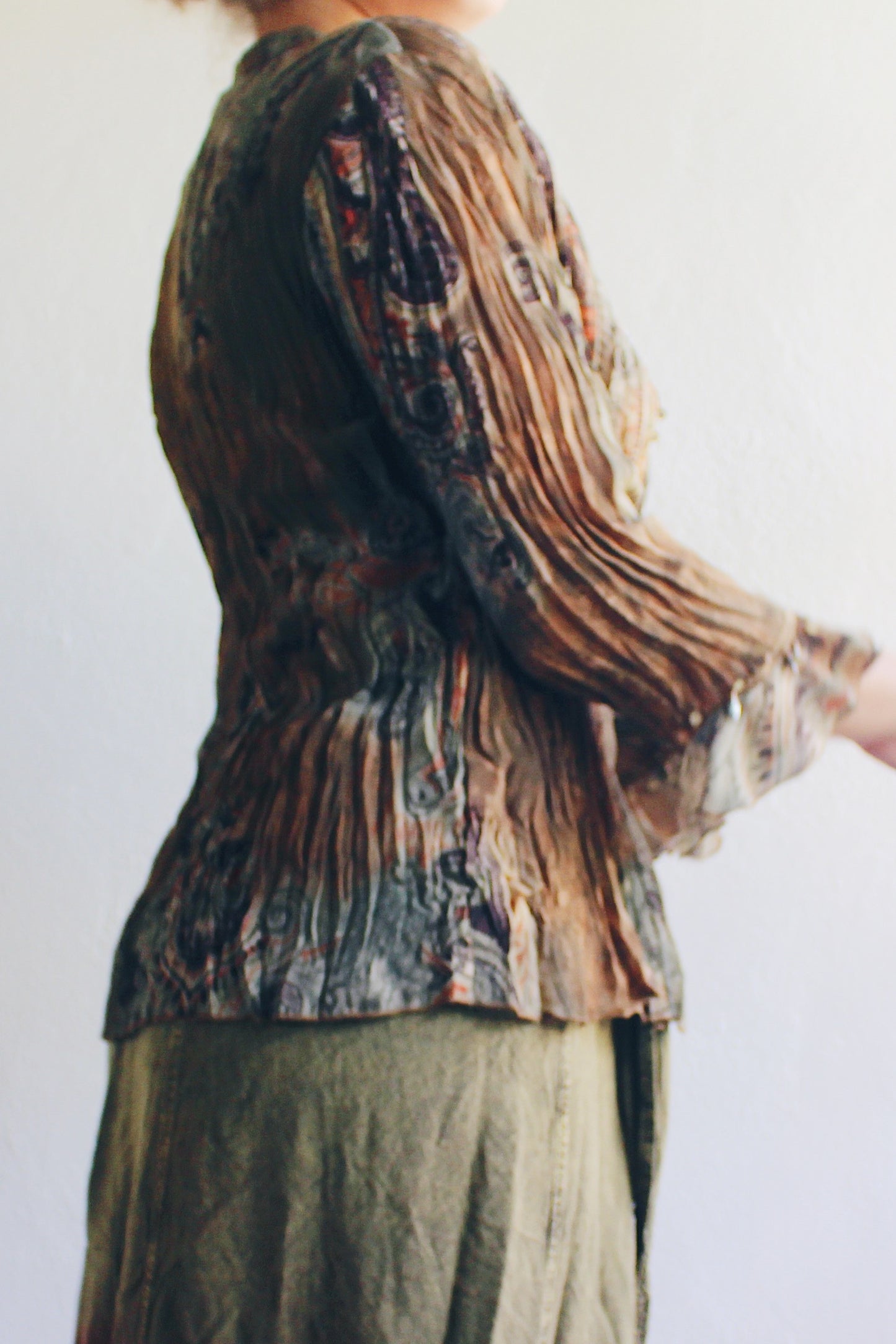 Whimsygoth Green Brown Blouse / Vintage 90s Textured Beaded top / Ruffle sleeve Paisley Artsy Witch Shirt