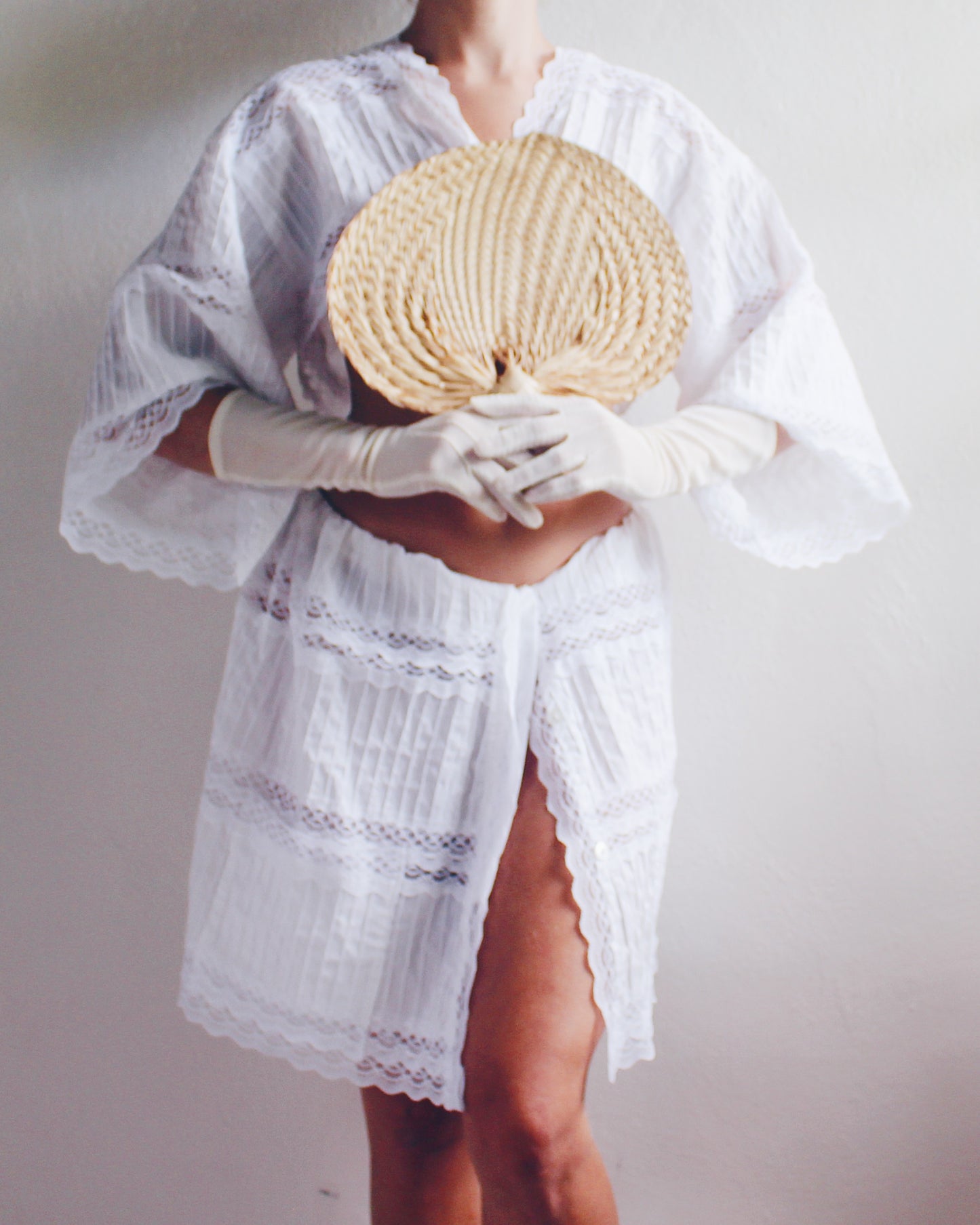Upcycled White Cotton Skirt and Button Up Set with Lace Panels - Tropical Bohemian Style | Sustainable Fashion Made from Recycled Vintage