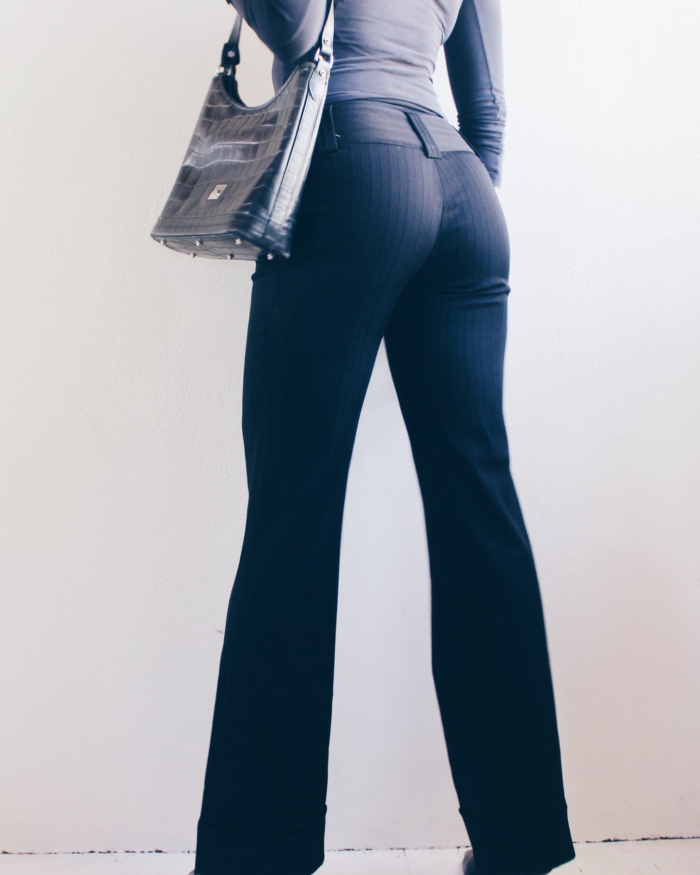 Vintage Y2K Low-Rise Black Pinstripe Bootcut Pants - Office Siren Style