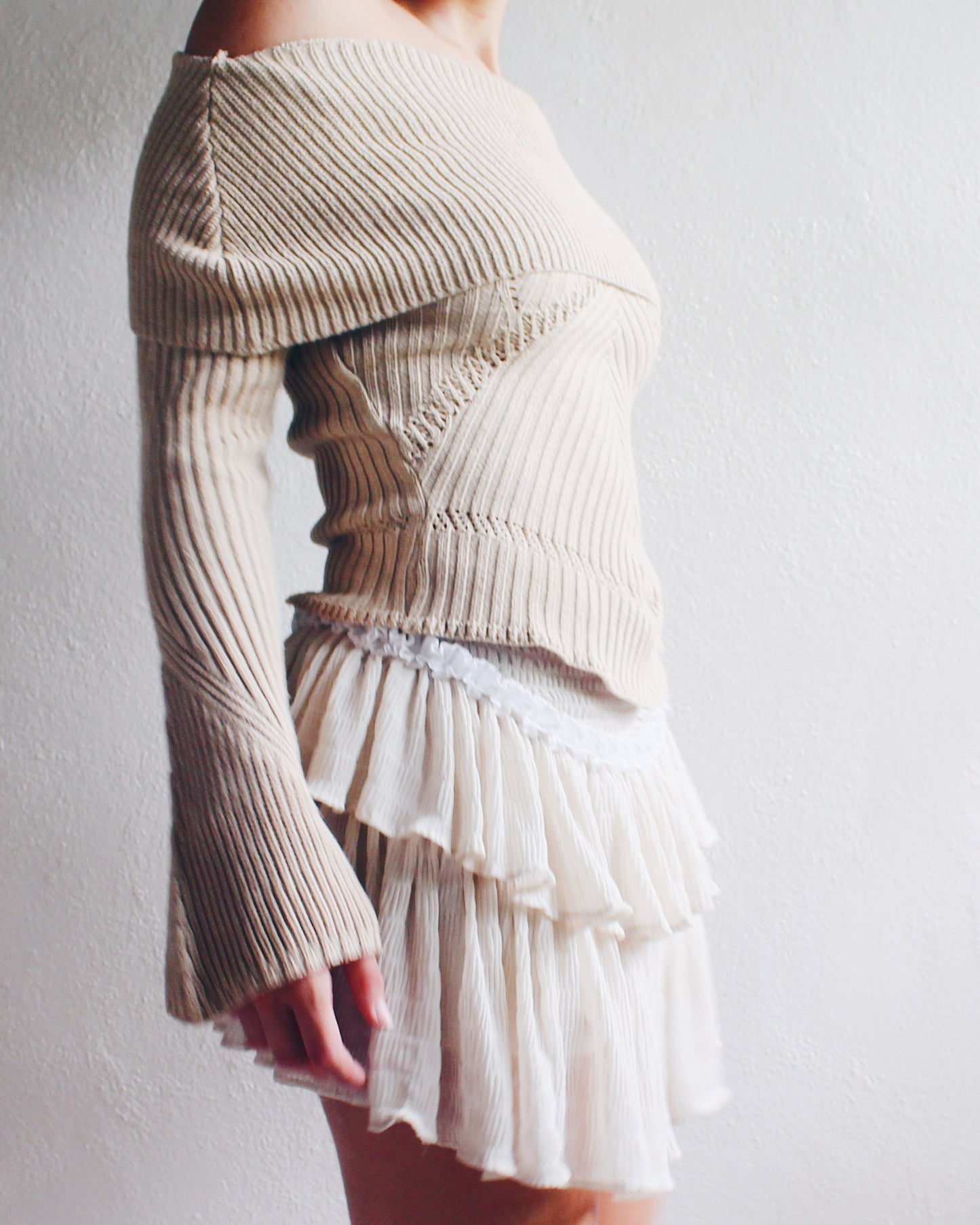 Layered Ruffled Beige Upcycled Mini Skirt - Floral Ruffle Trim | Cute Coquette Boho Style | Perfect for Eco-Friendly Fashion
