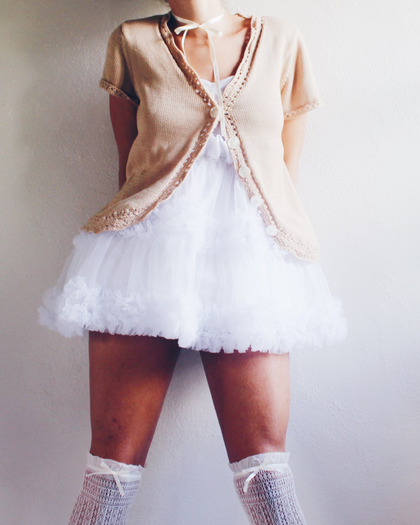 Vintage Short Sleeve Tan Knit Anne Klein Button Up Cardigan - Kawaii Coquette Style | Perfect for Layering