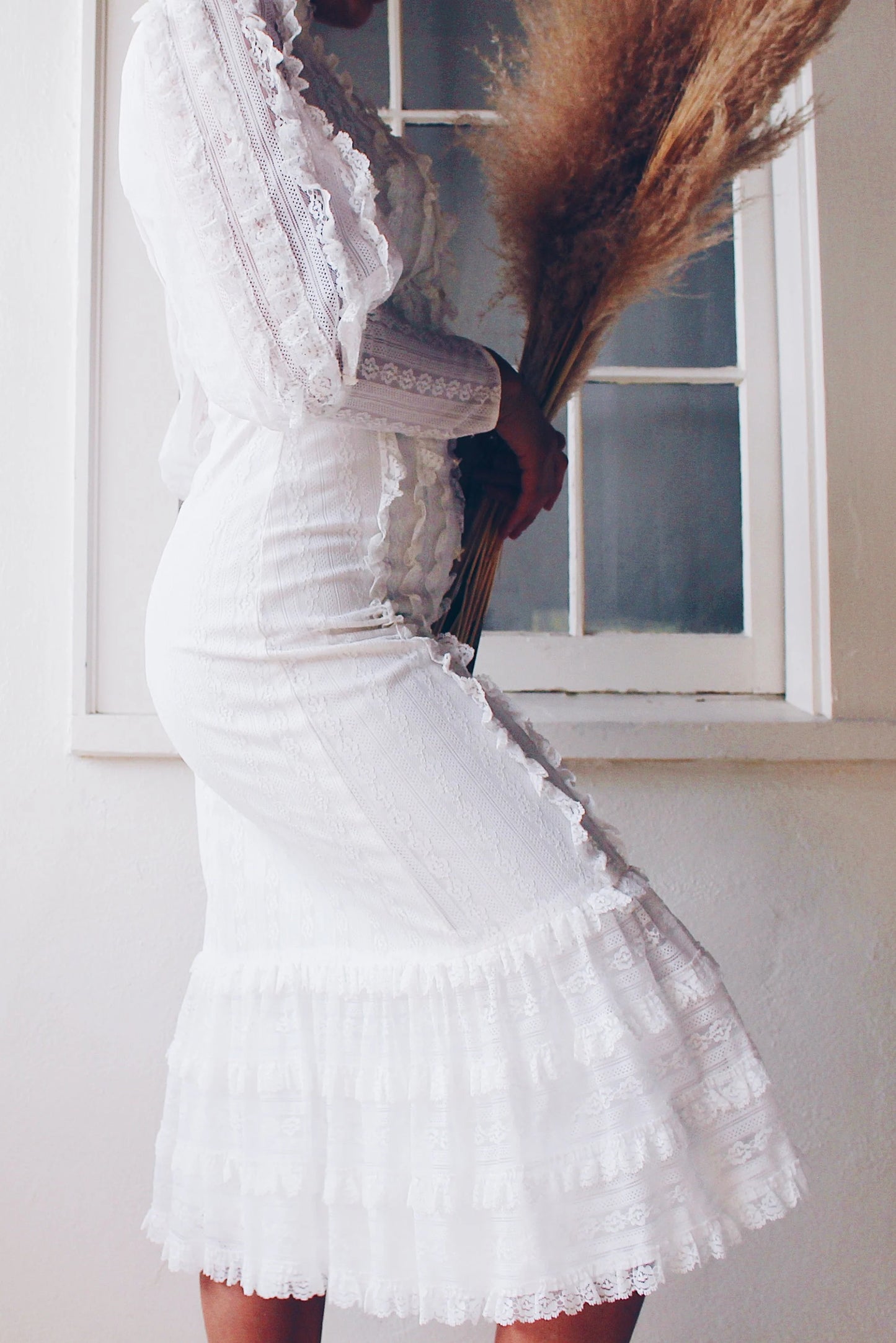 Vintage White Lace High Neck Victorian Midi Dress - Long Sleeve Coquette | American Gothic Prairie Wedding Dress