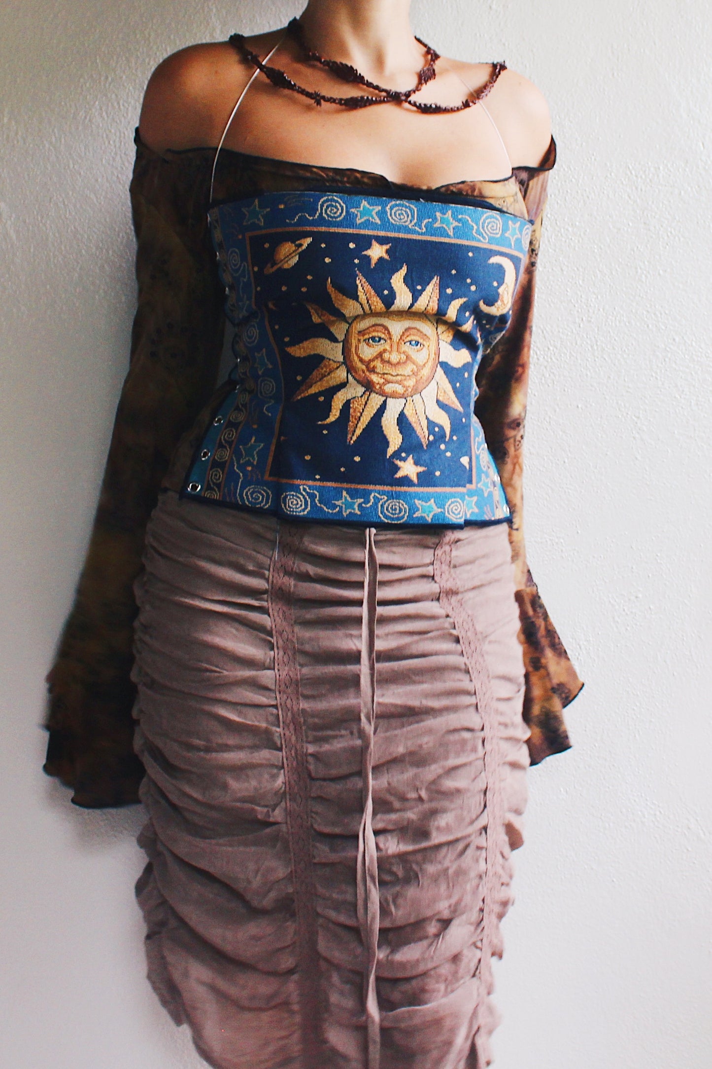 Upcycled celestial tapestry corset accessory / whimsigoth tapestry gothic crop top harness