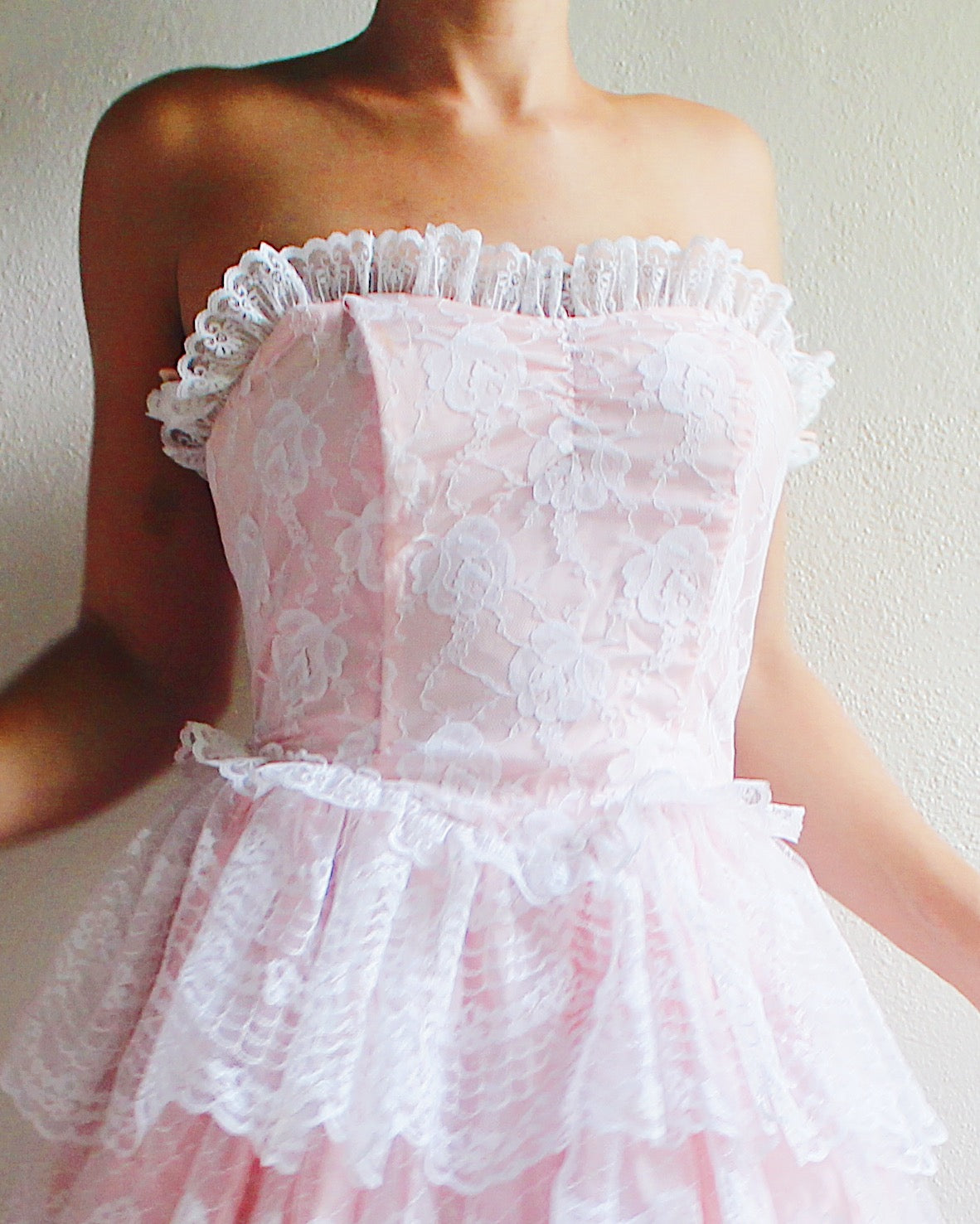 1960s Vintage Pink Lace A-Line Gown - Floral Lace & Tiered Ruffled Skirt | Girly Coquette Retro Style | Priscilla-Inspired Formal Dress