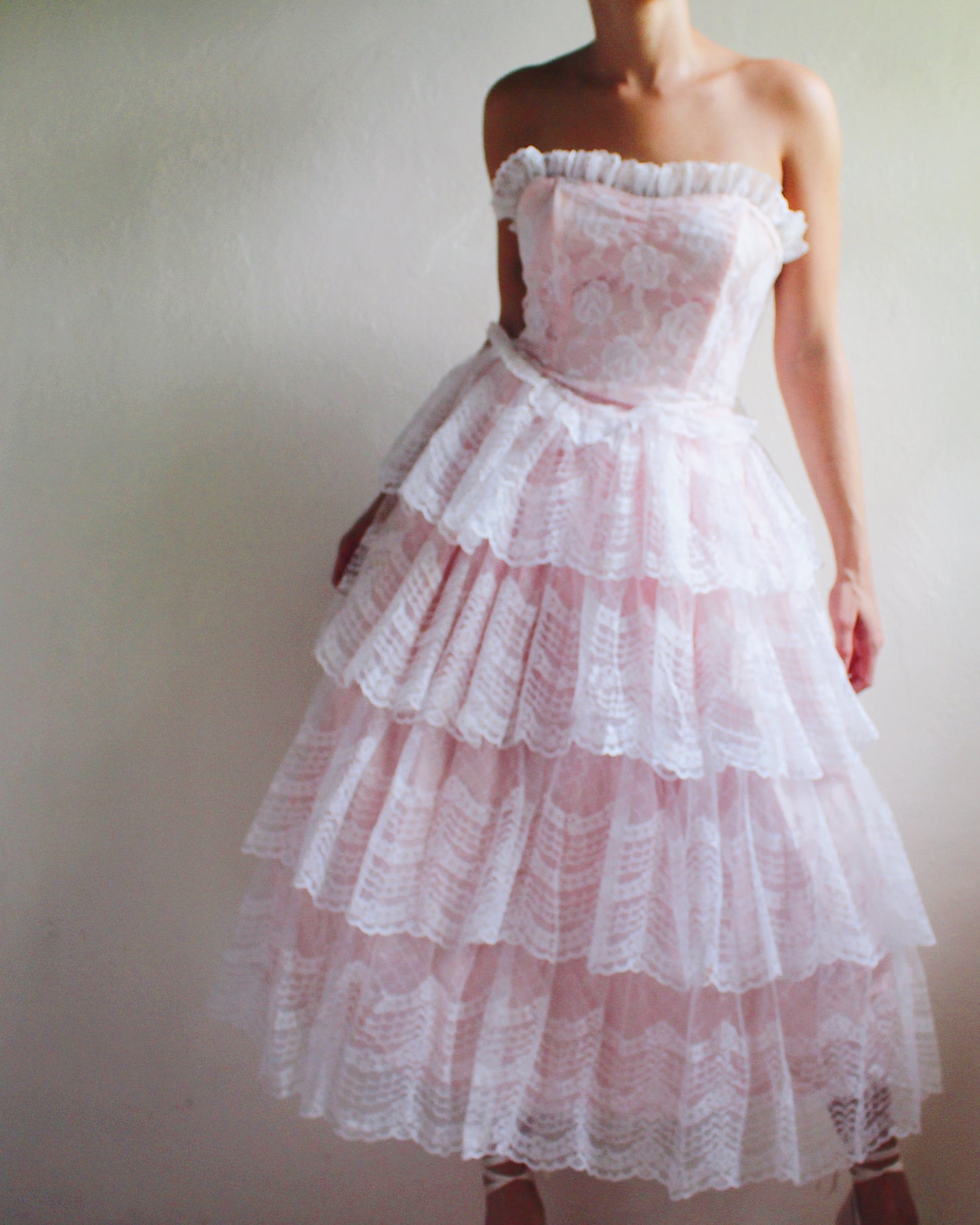 1960s Vintage Pink Lace A-Line Gown - Floral Lace & Tiered Ruffled Skirt | Girly Coquette Retro Style | Priscilla-Inspired Formal Dress