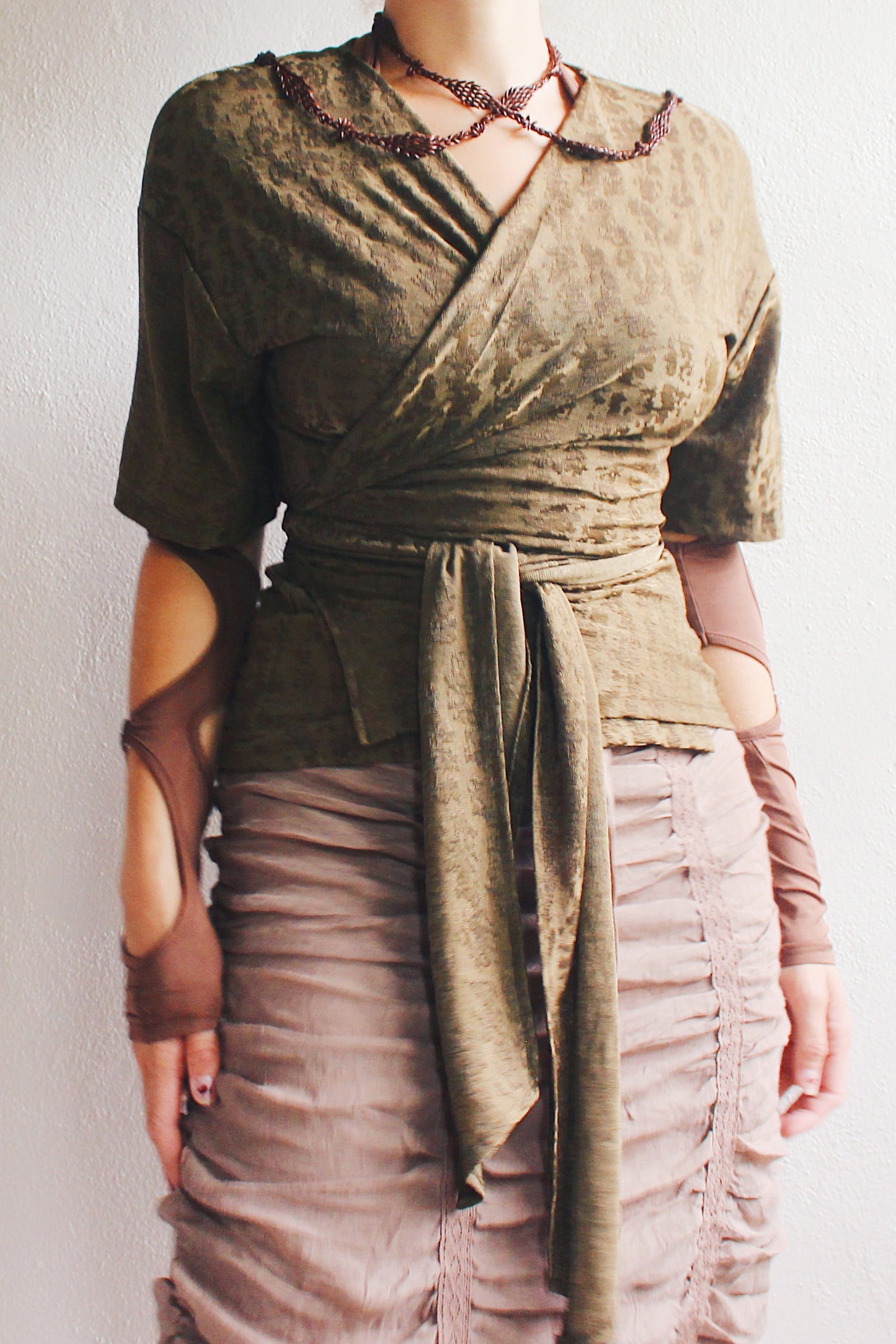 90s Vintage Whimsigoth Wrap Blouse / Off the shoulder green whimsy goth shirt