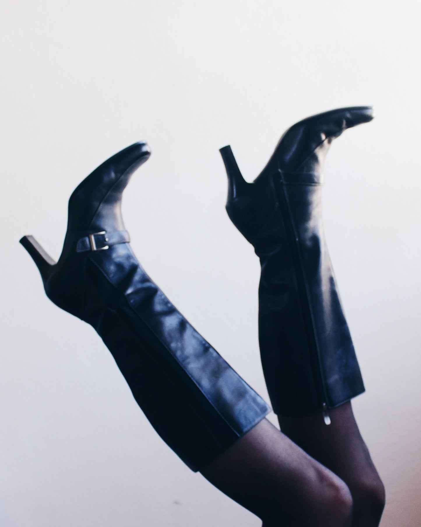 Vintage 90s Worthington Black Leather Talll Boots – 2-Inch Heel, Belt Strap, Elastic Sides | Chic Minimalist Style Librarian Chic
