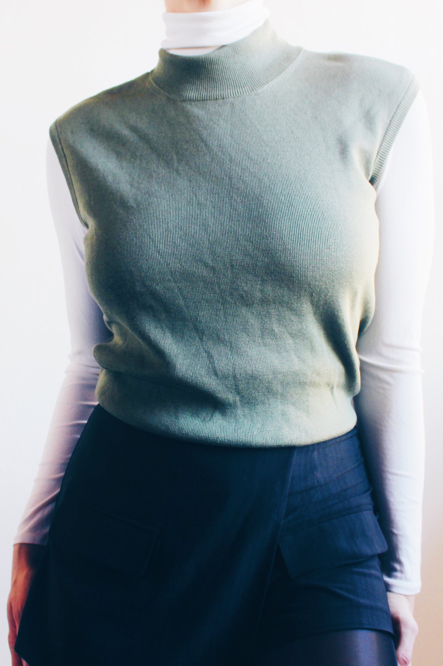 Elevate Your Wardrobe: Chic Olive Green Sleeveless Silk Sweater - Chic Academic Corporate Elegance