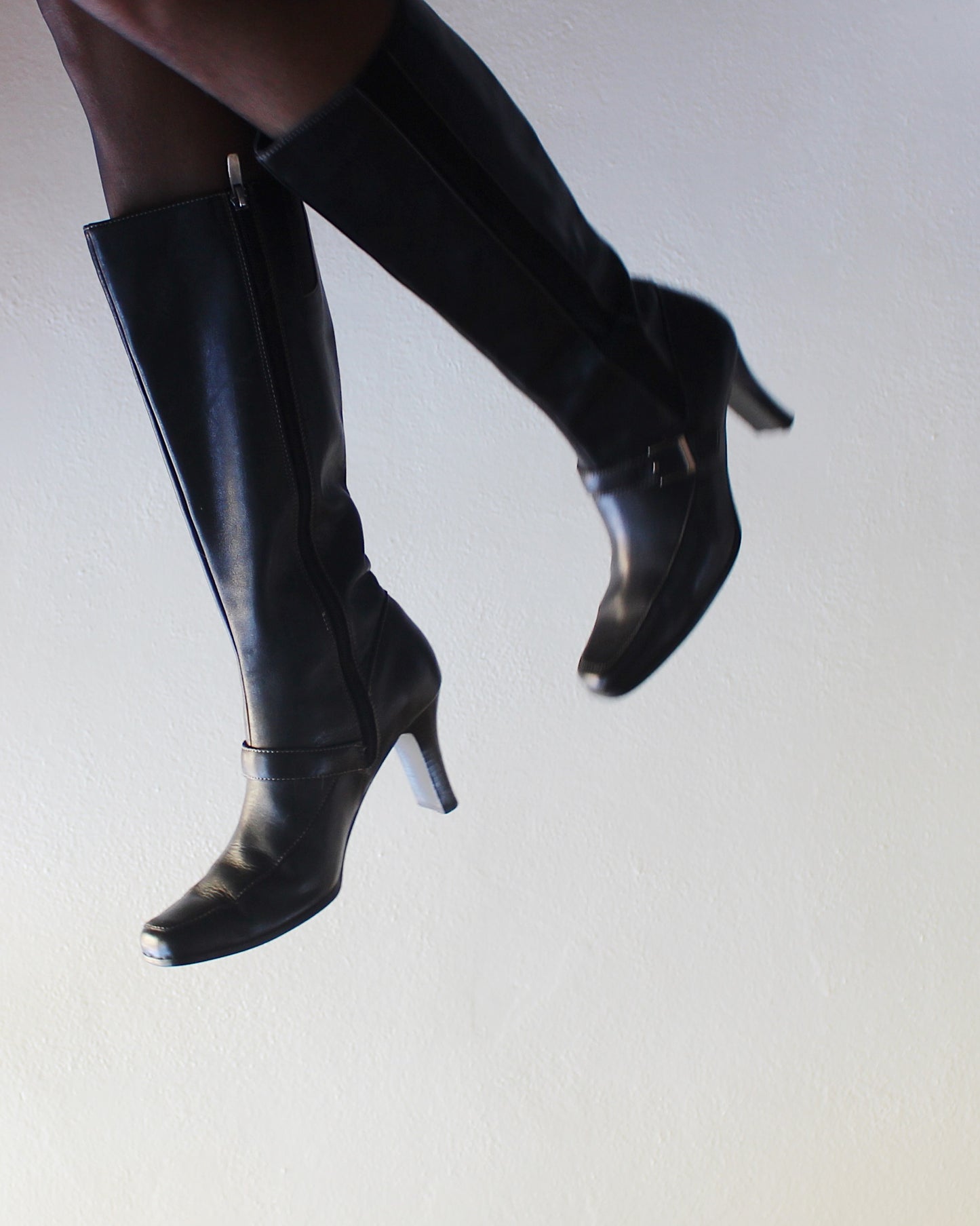 Vintage 90s Worthington Black Leather Talll Boots – 2-Inch Heel, Belt Strap, Elastic Sides | Chic Minimalist Style Librarian Chic