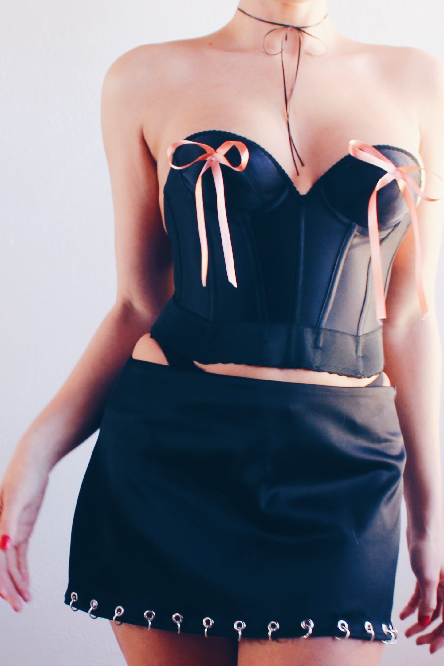 Cheeky Bows! Black Vintage Bustier with Cute Pink Coquette Bows