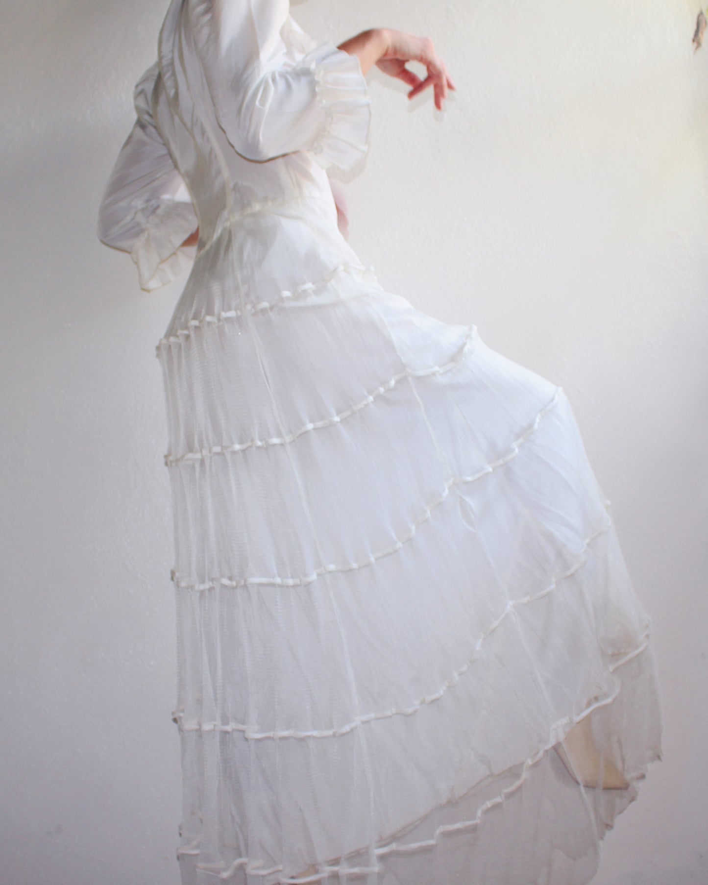 Vintage Handmade Heirloom Wedding Gown – Ethereal Sheer Tiered Dress | Delicate Haunting Bridal Style