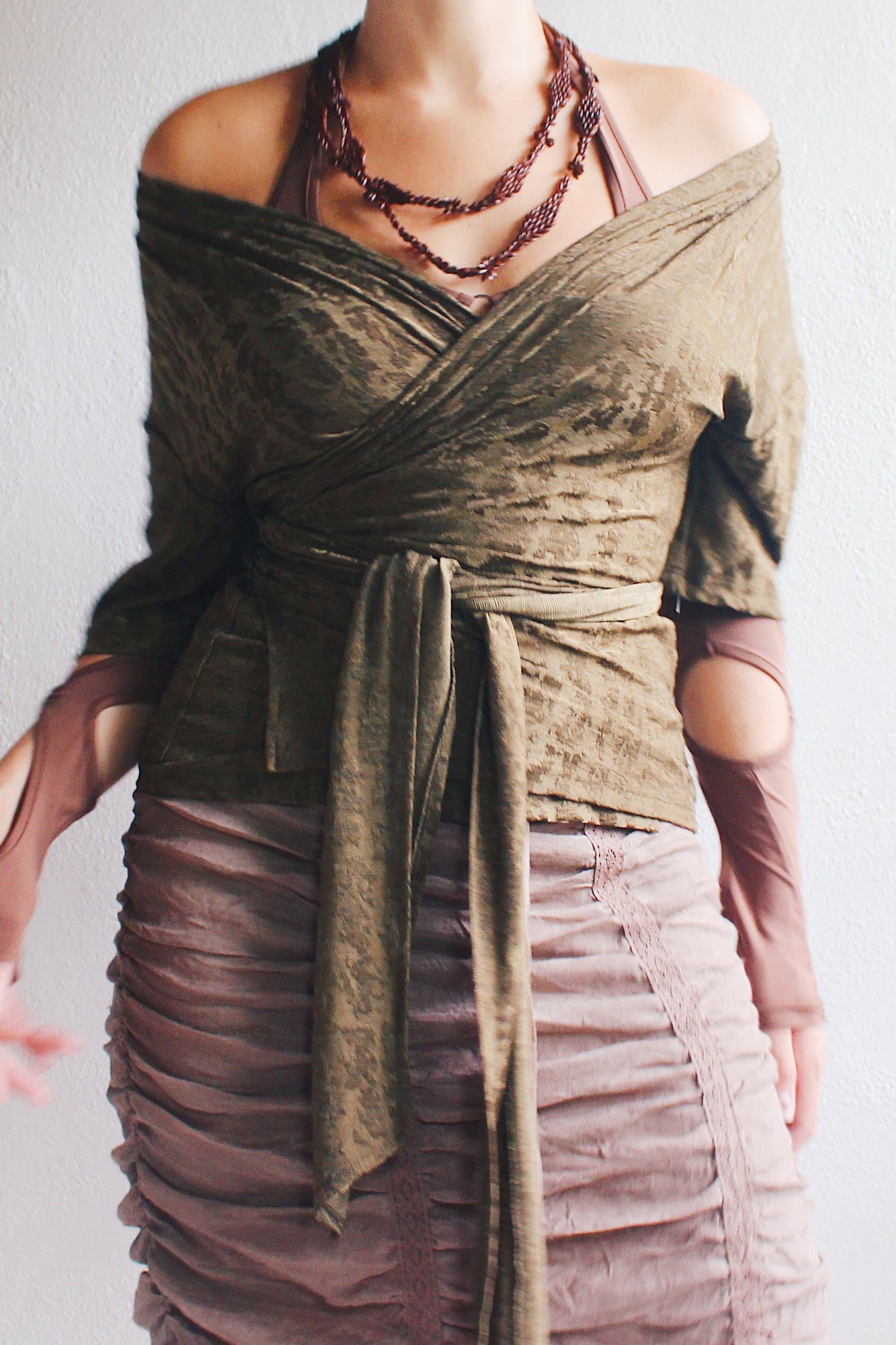 90s Vintage Whimsigoth Wrap Blouse / Off the shoulder green whimsy goth shirt