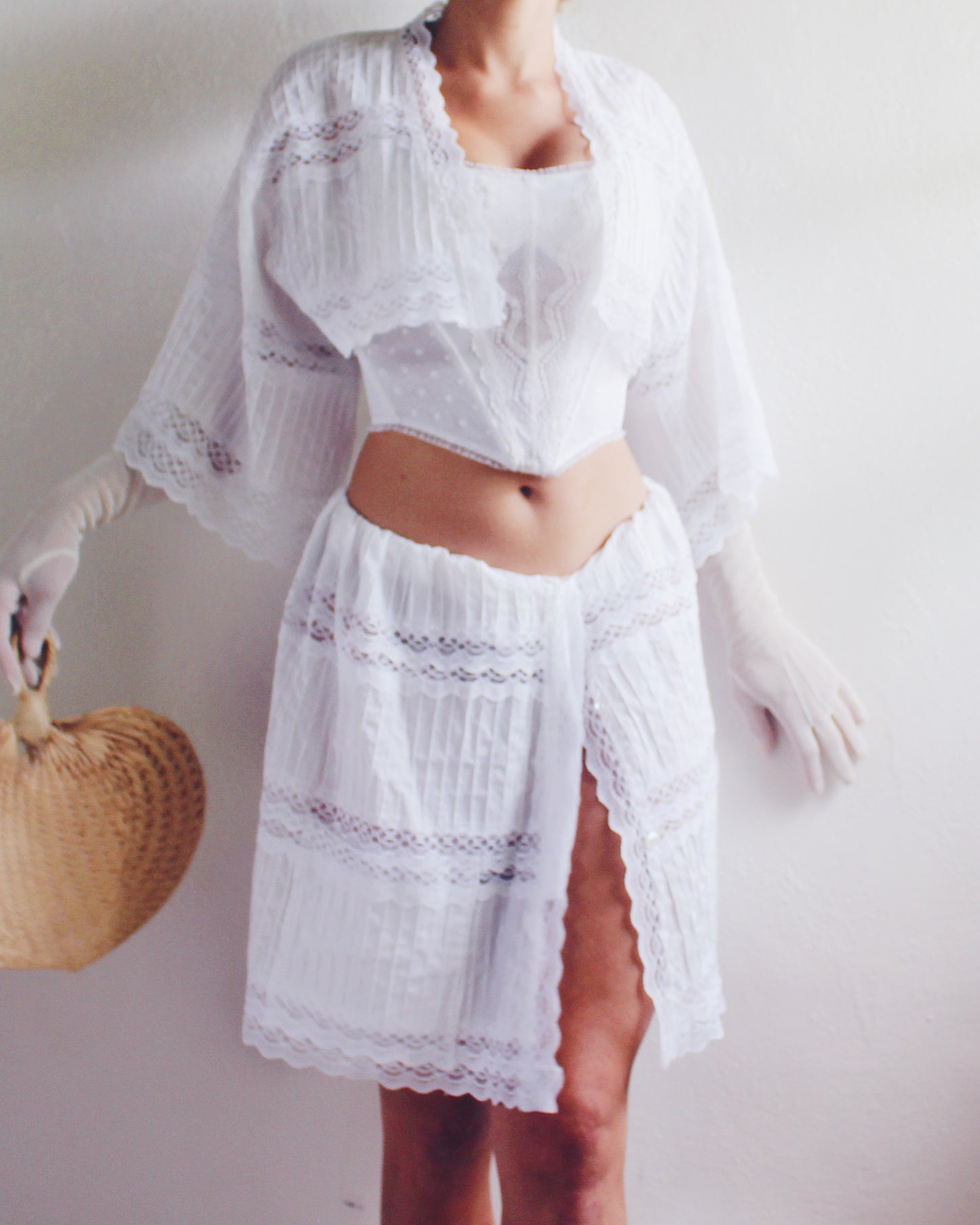 Upcycled White Cotton Skirt and Button Up Set with Lace Panels - Tropical Bohemian Style | Sustainable Fashion Made from Recycled Vintage