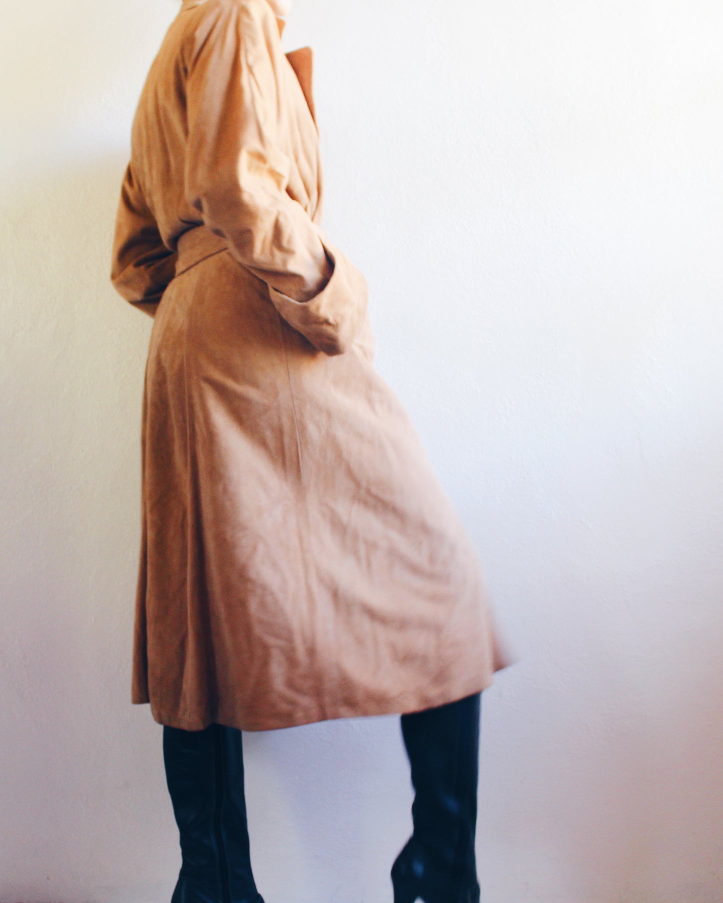 Vintage 70s Brown Suede Trench Coat with Belt – Retro Chic Long Leather Jacket