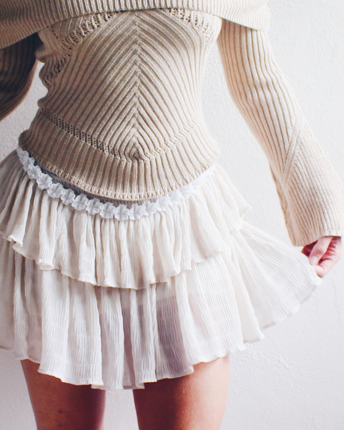 Layered Ruffled Beige Upcycled Mini Skirt - Floral Ruffle Trim | Cute Coquette Boho Style | Perfect for Eco-Friendly Fashion