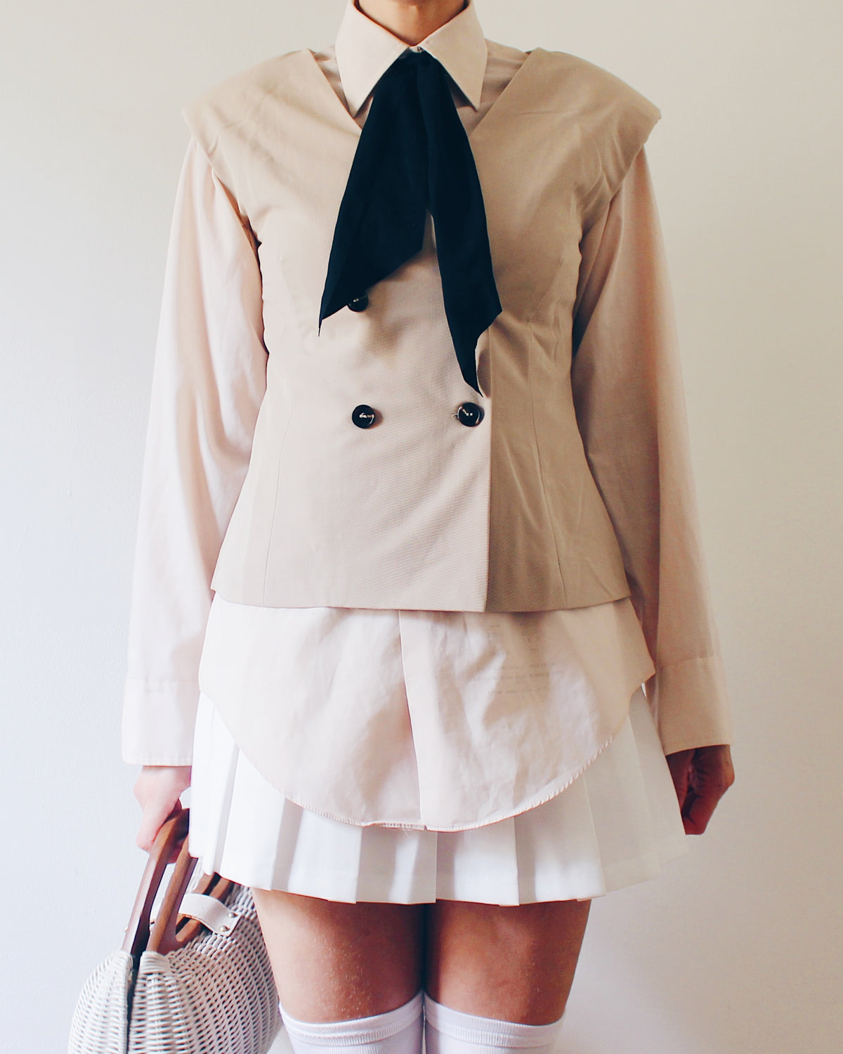 La Lavon Beige Tan Sleeveless Layering Blazer, Double Breasted Buttons, Light Shoulder Pads, Business Casual Coquette Style
