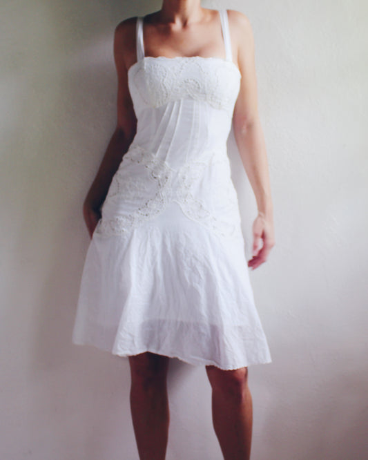 The Tablecloth Sundress | Y2K Vintage BCBG White Cotton Venetian Lace Dress - Victorian Boho Cottagecore Style | Coquette Picnic Dress