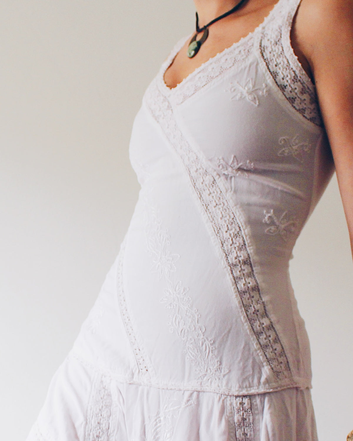 Vintage 90s Coline Whimsygoth Dress, Off White Cotton Floral Embroidered Lace Patchwork, Drop Waist Hippie Boho Dress