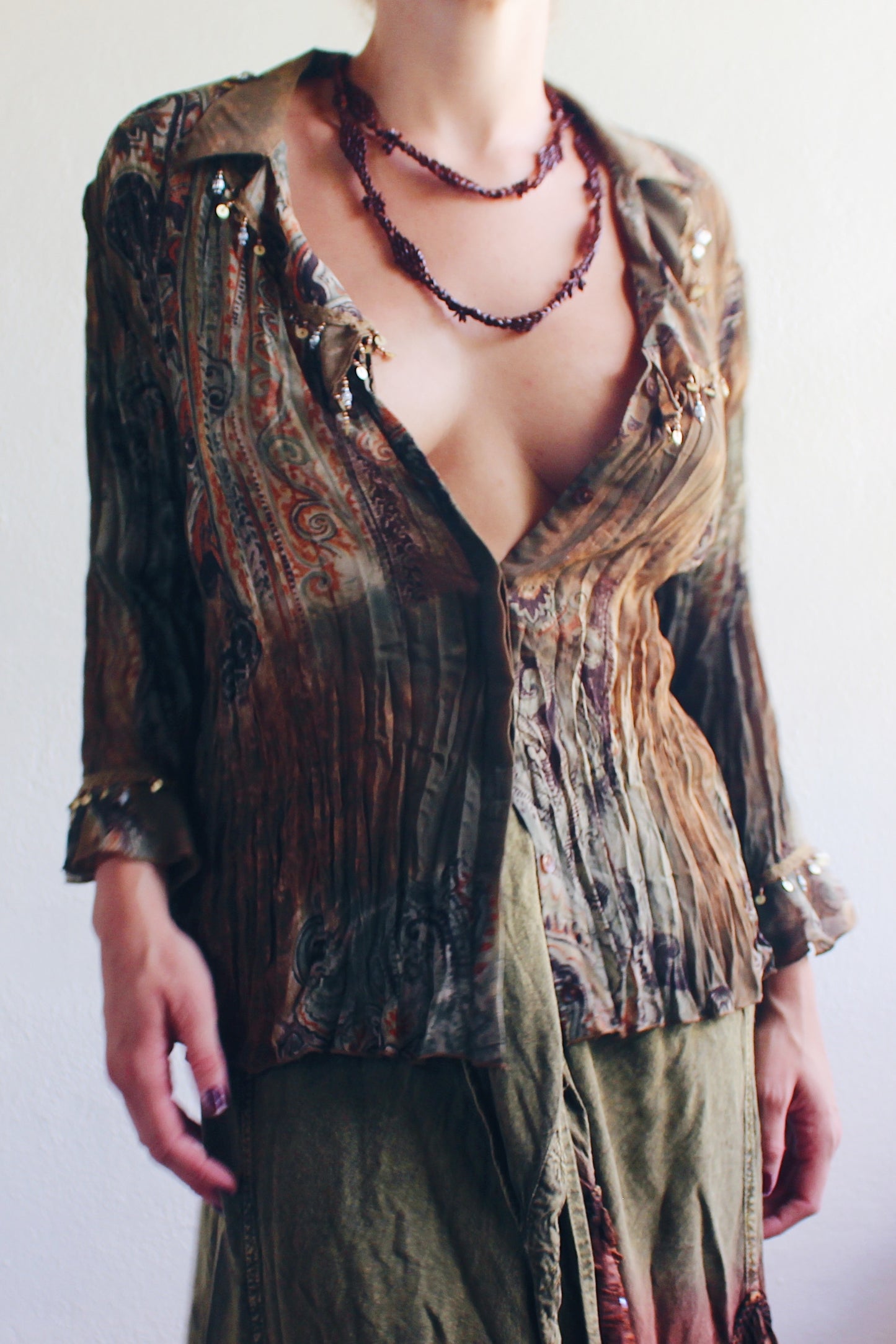 Whimsygoth Green Brown Blouse / Vintage 90s Textured Beaded top / Ruffle sleeve Paisley Artsy Witch Shirt