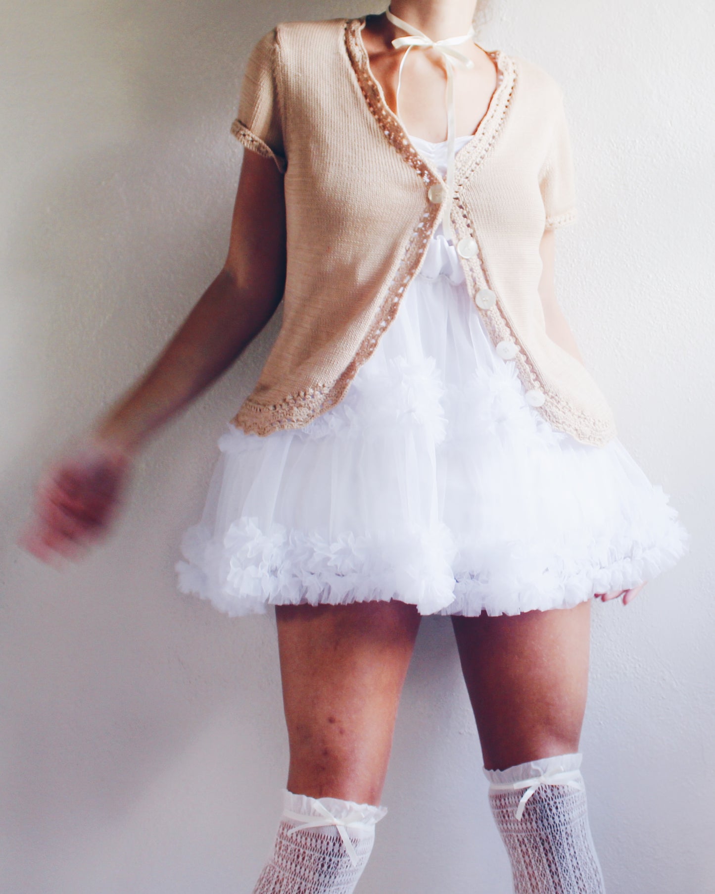 Vintage Short Sleeve Tan Knit Anne Klein Button Up Cardigan - Kawaii Coquette Style | Perfect for Layering