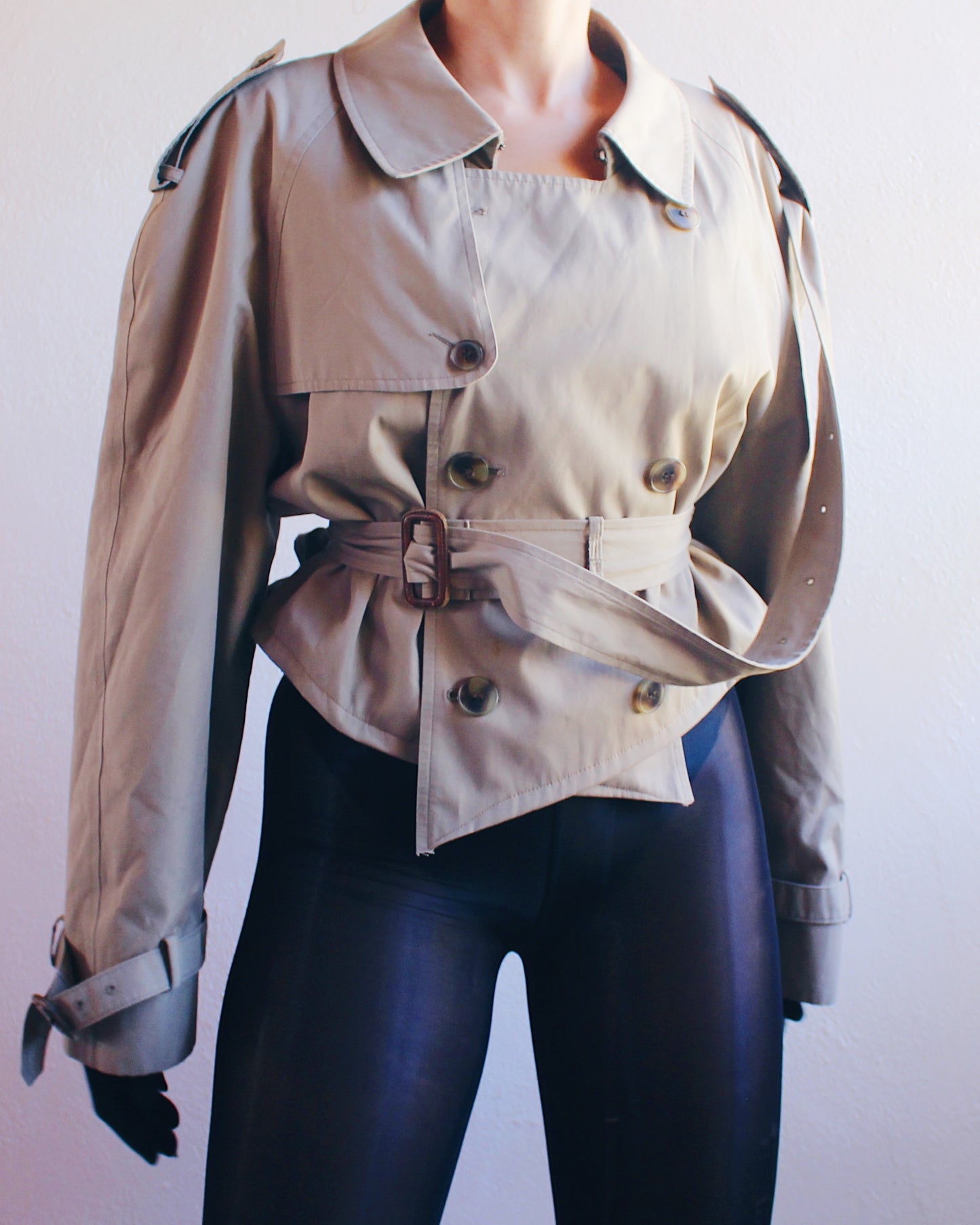 Chic Vintage Upcycled Cropped Trench Coat - Unique Tailored Sustainable Fashion | Classy & One-of-a-Kind Outerwear