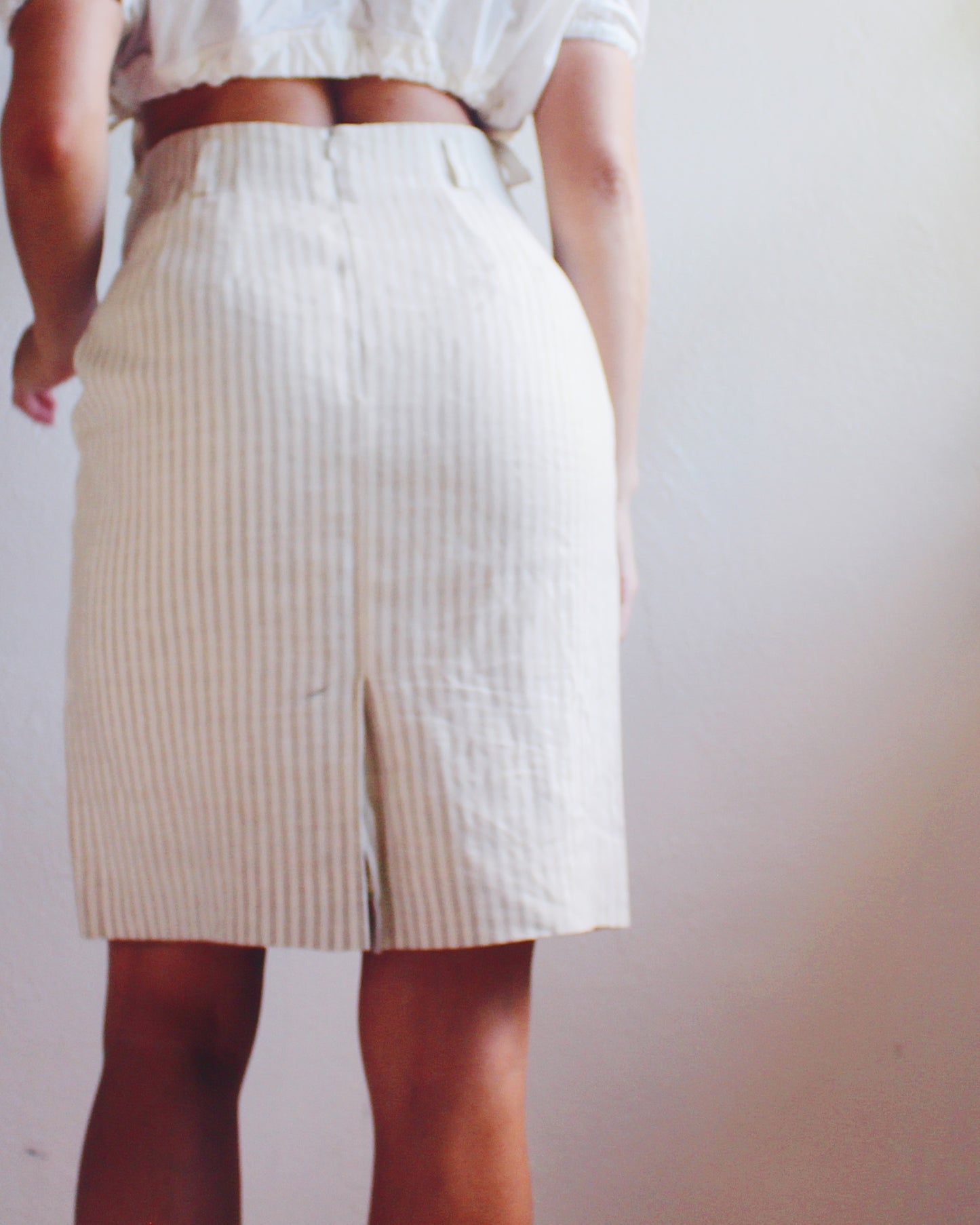 Beige Striped Linen Midi Skirt - Minimalist Pinstripe 90s Style | Perfect Summer and fall Skirt