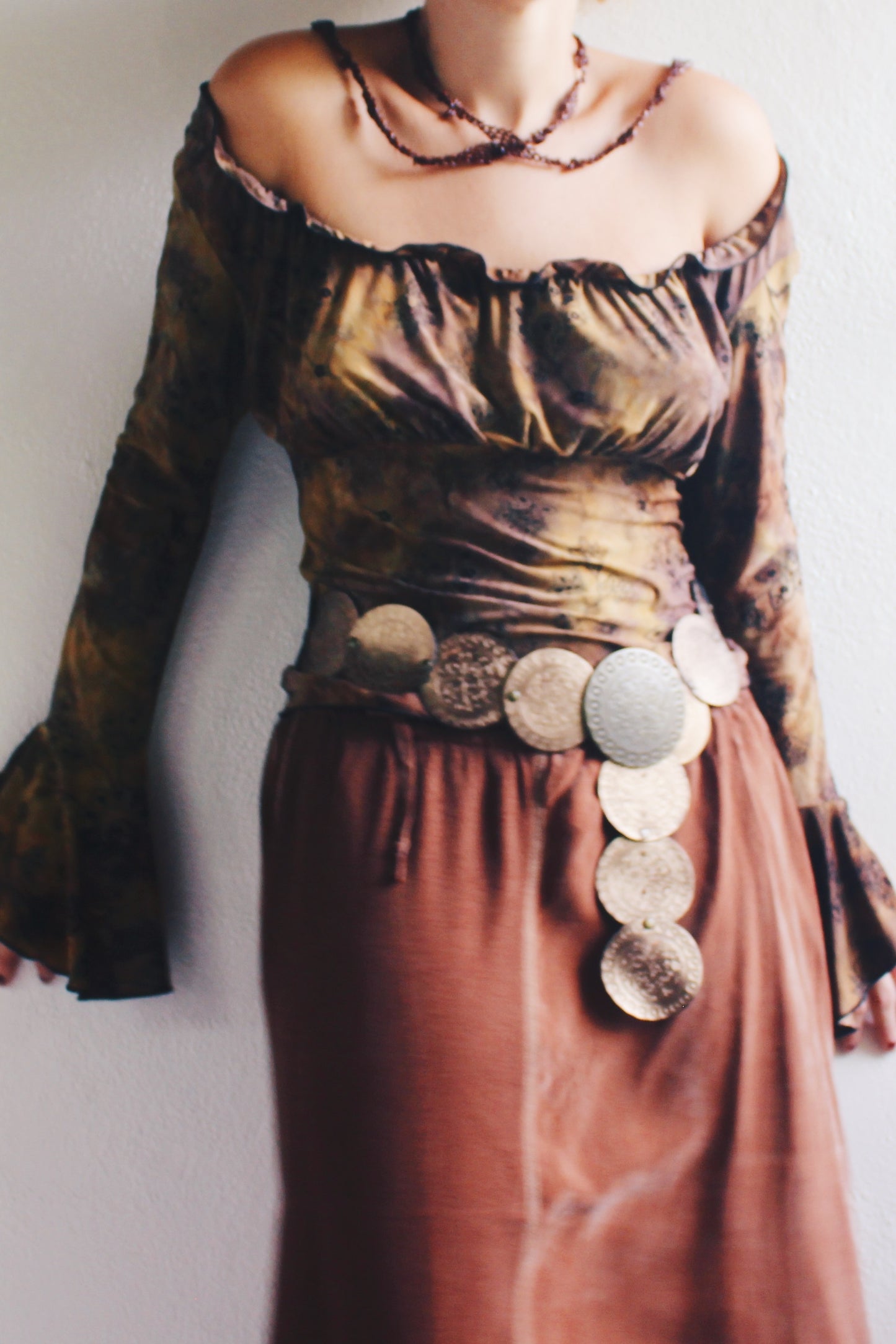 WhimsyGoth Dreams Velvet Print Bell Sleeve Blouse - Dark Elegance Meets Boho Chic!
