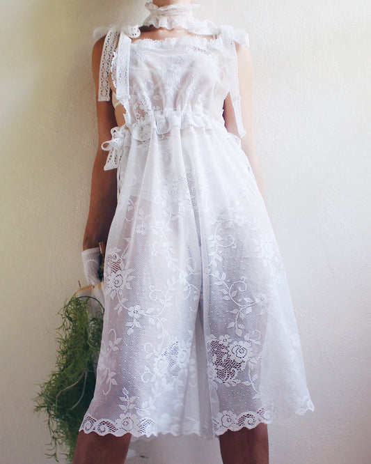 Upcycled Sheer Lace Overalls – Vintage White Curtain Reworked Dungarees | Whimsical Boho Summer Style