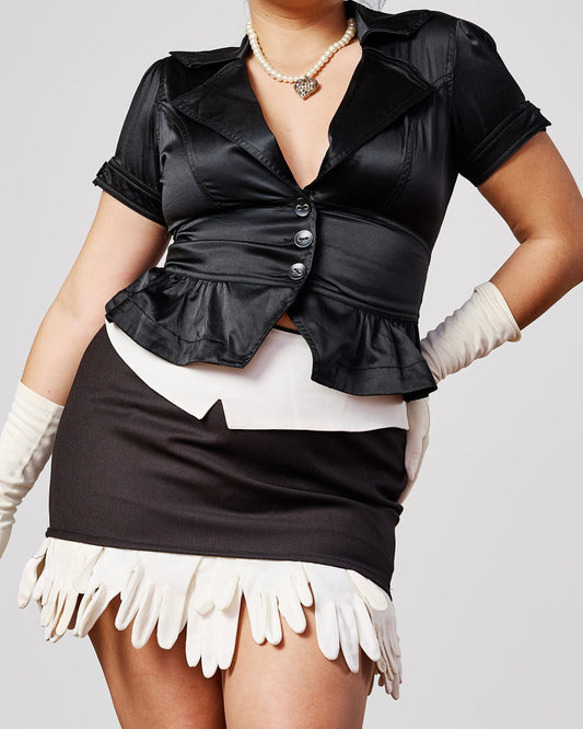 Sustainable Upcycled Color Block Black Mini Skirt with Vintage White Gloves | Chic Avant Garde Statement Piece