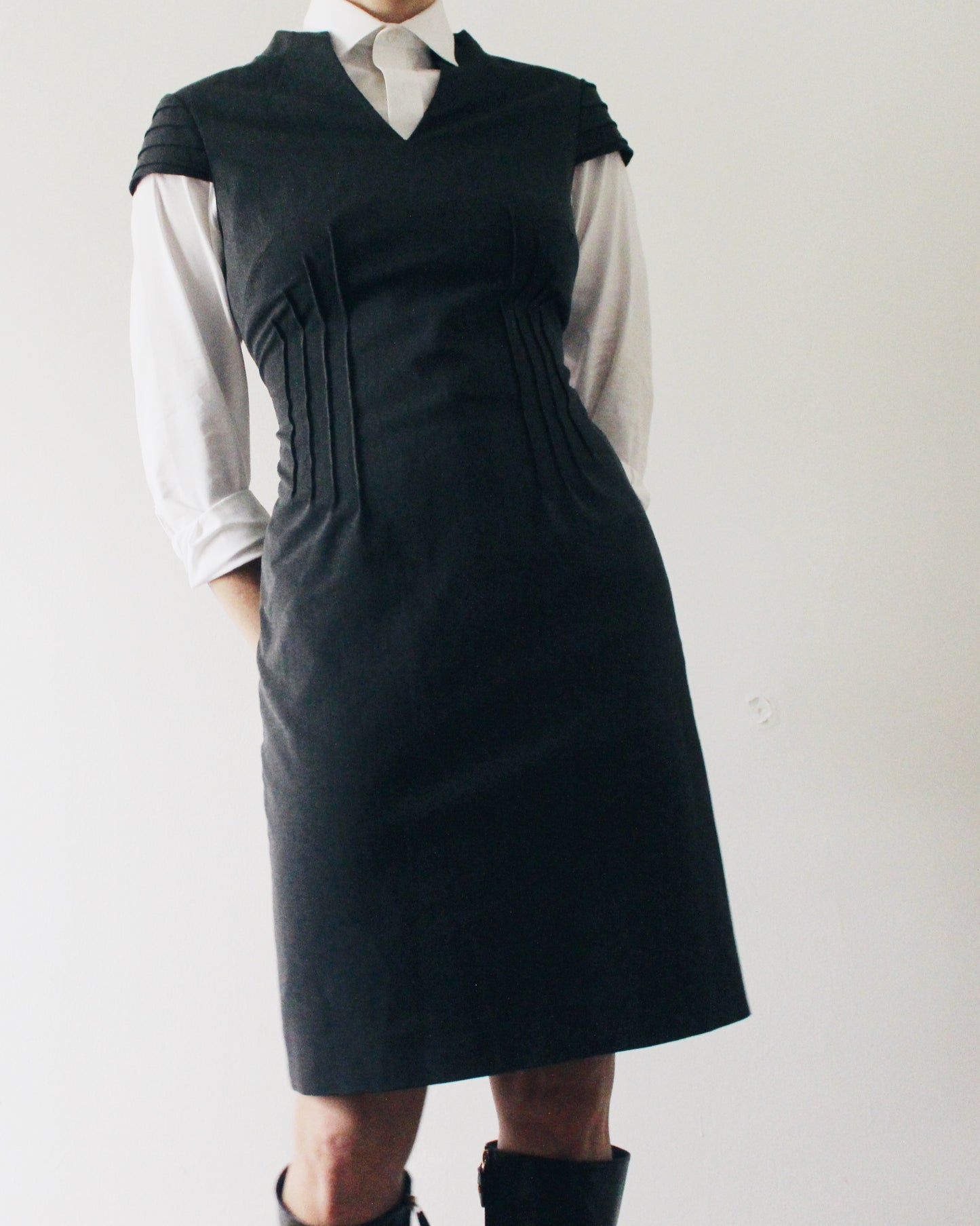 Office Layering Dress Gray Work Dress Professional Office Sheath Dress Short Sleeve Semi Formal Business Casual