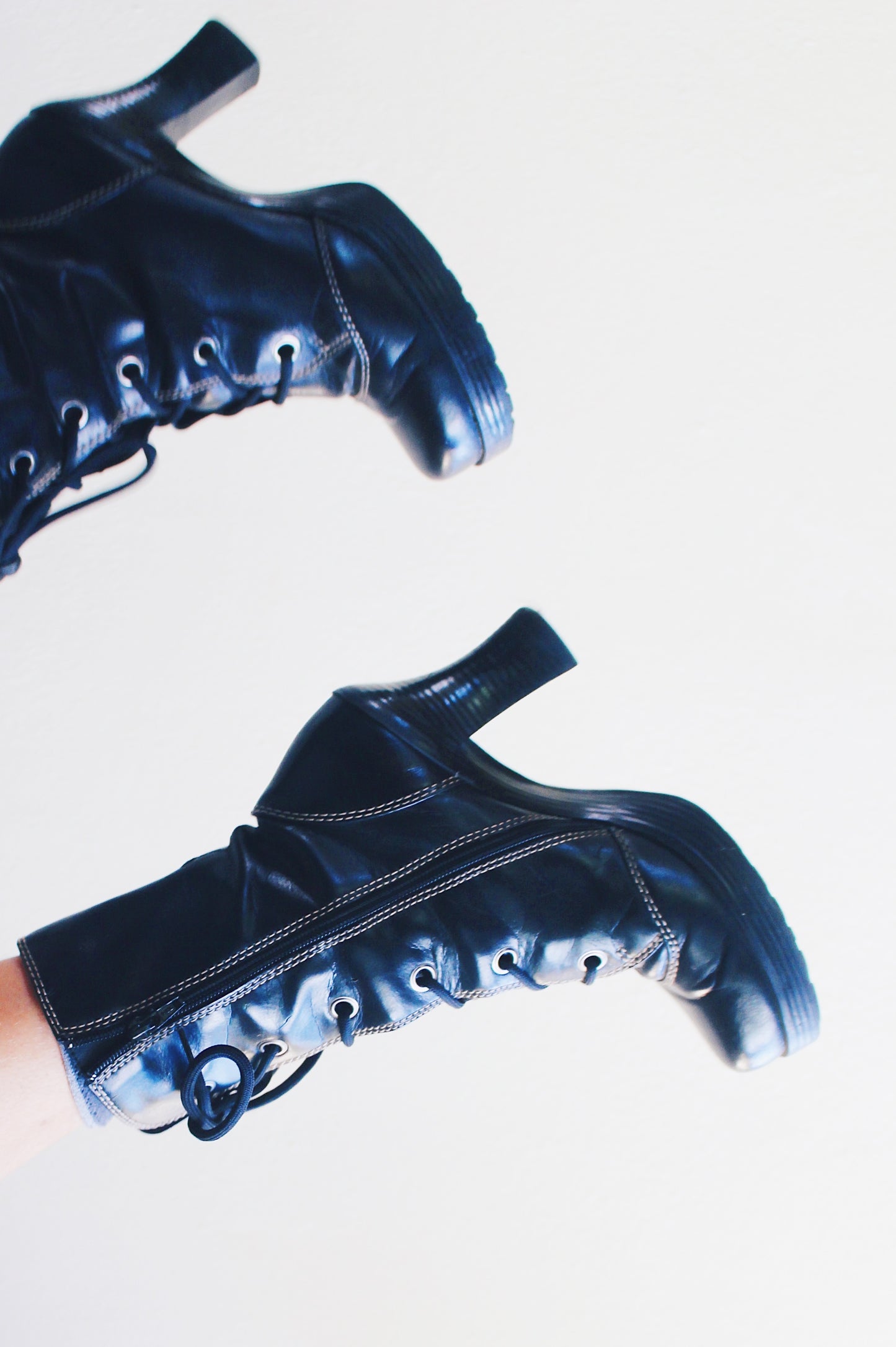 Vintage Black Chunky Lace-Up Heeled Boots - Dark Witchy Victorian Style
