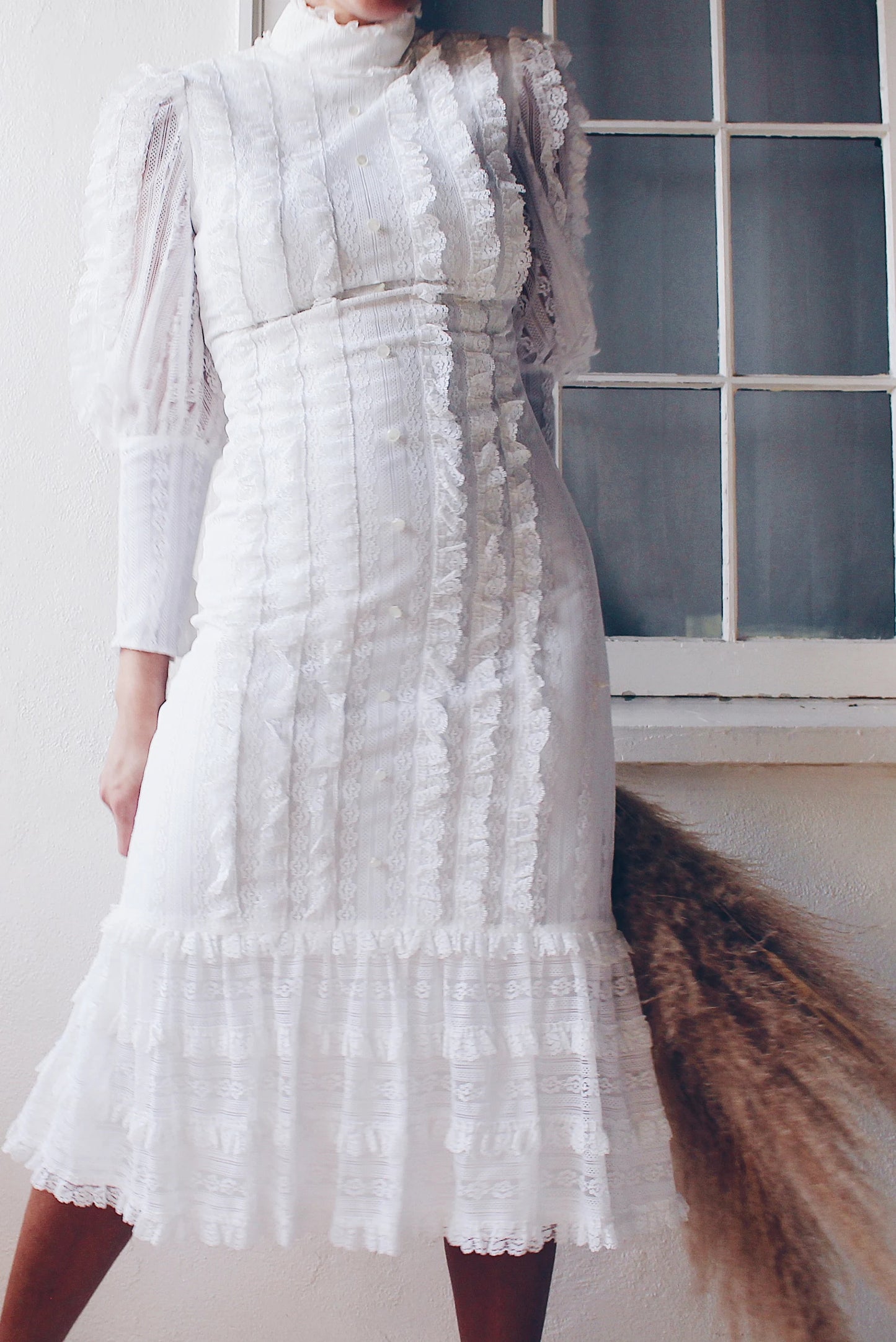 Vintage White Lace High Neck Victorian Midi Dress - Long Sleeve Coquette | American Gothic Prairie Wedding Dress