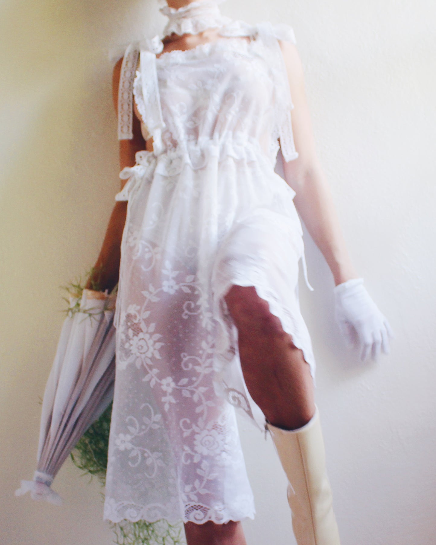 Upcycled Sheer Lace Overalls – Vintage White Curtain Reworked Dungarees | Whimsical Boho Summer Style