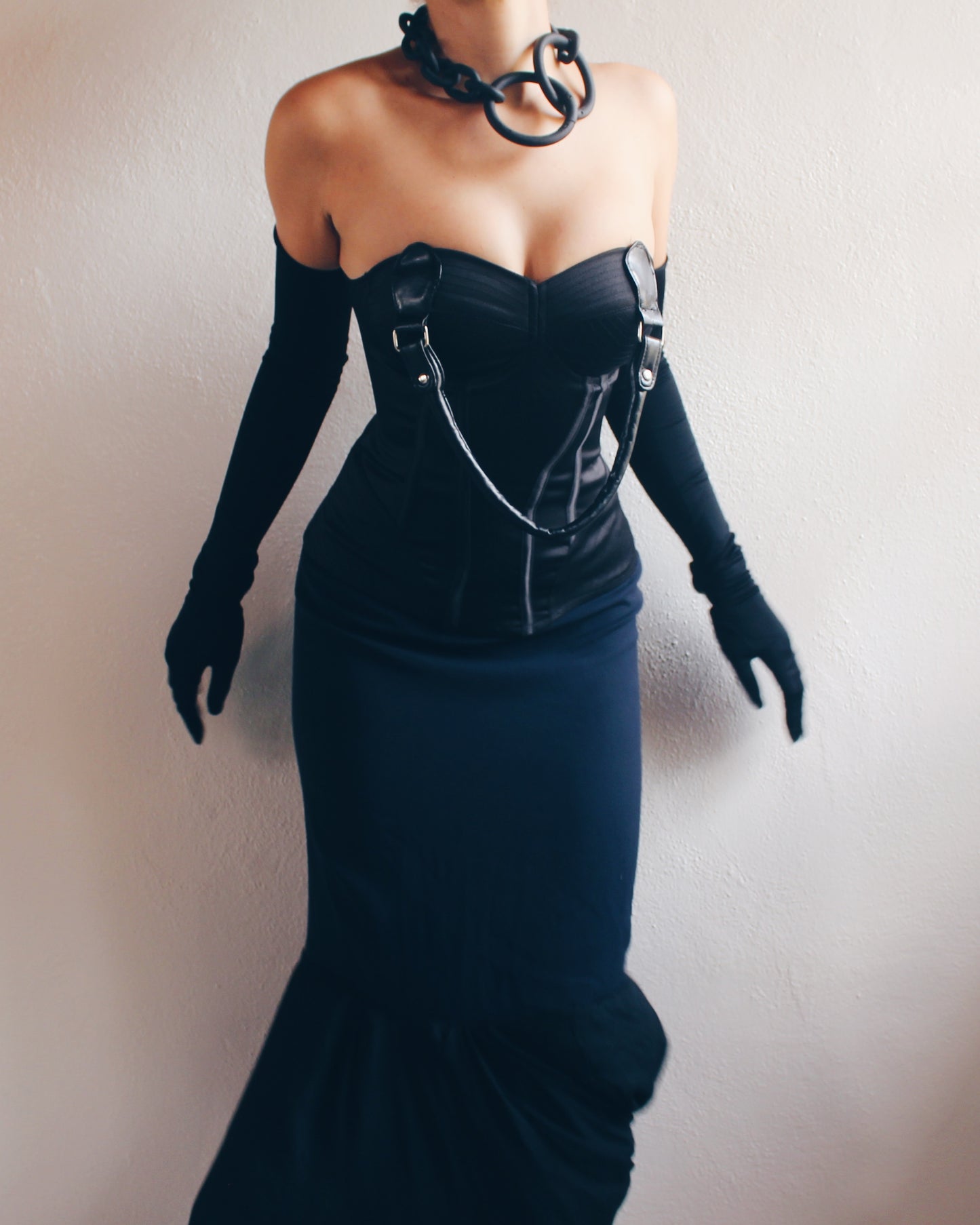 Upcycled Black Bustier with Purse Handle - Chic Contemporary Statement Piece | Sustainable & Daring Fashion