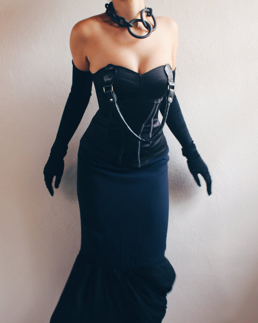 Upcycled Black Bustier with Purse Handle - Chic Contemporary Statement Piece | Sustainable & Daring Fashion