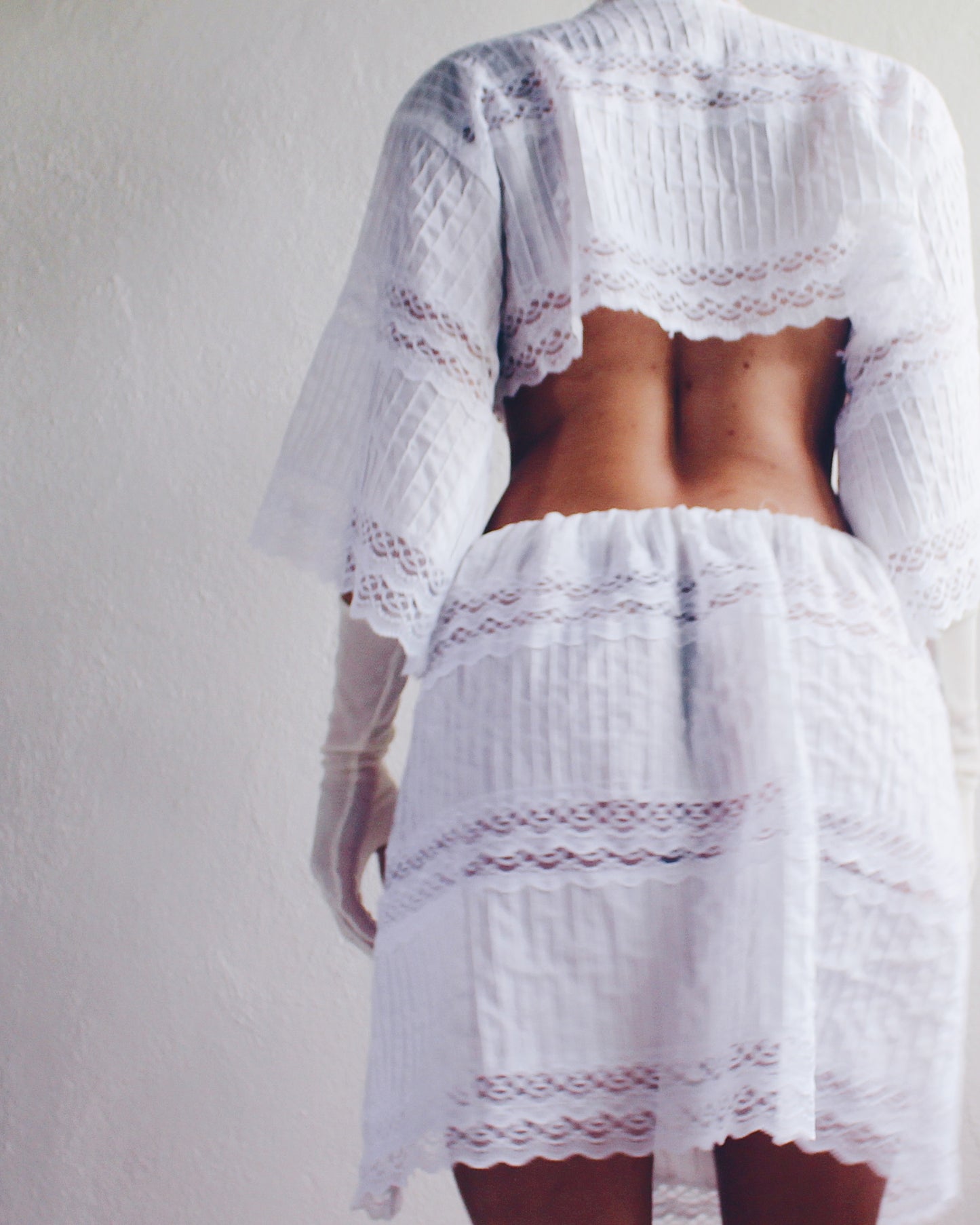 Upcycled White Cotton Skirt and Button Up Set with Lace Panels - Tropical Bohemian Style | Sustainable Fashion Made from Recycled Vintage