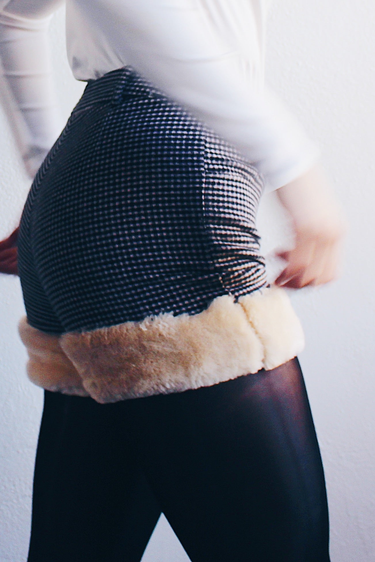 Embrace Elegance: Fur-Lined Houndstooth Shorts - Dark Academia Chic, British Vibes