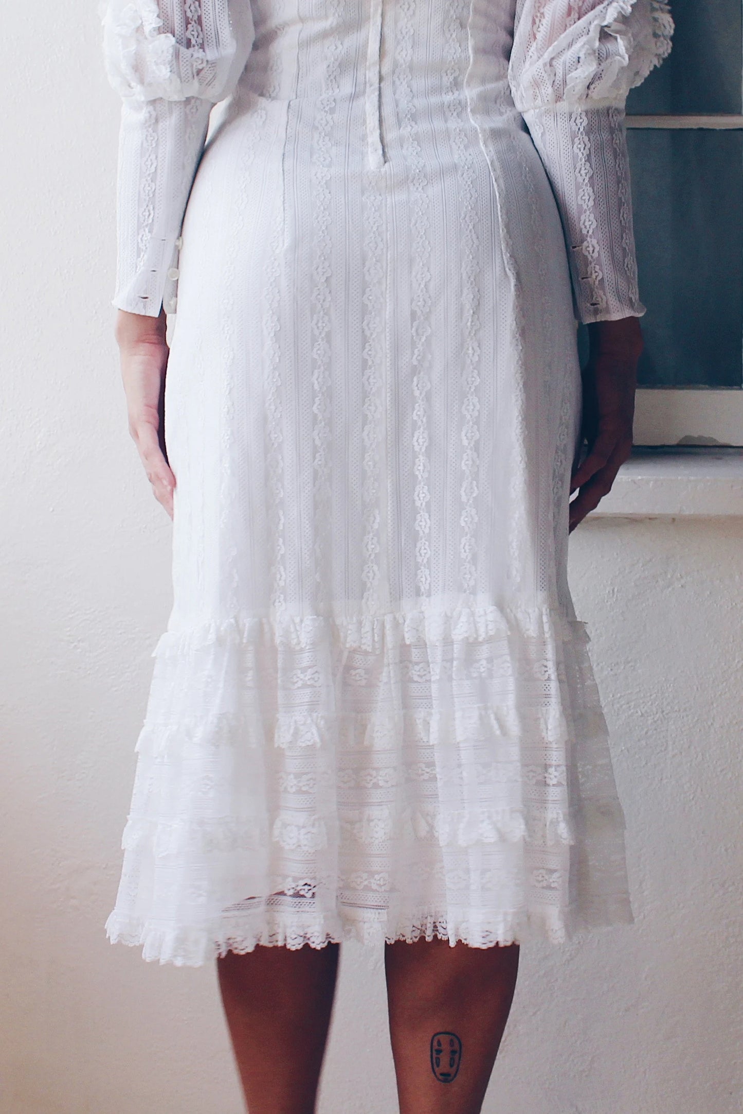 Vintage White Lace High Neck Victorian Midi Dress - Long Sleeve Coquette | American Gothic Prairie Wedding Dress